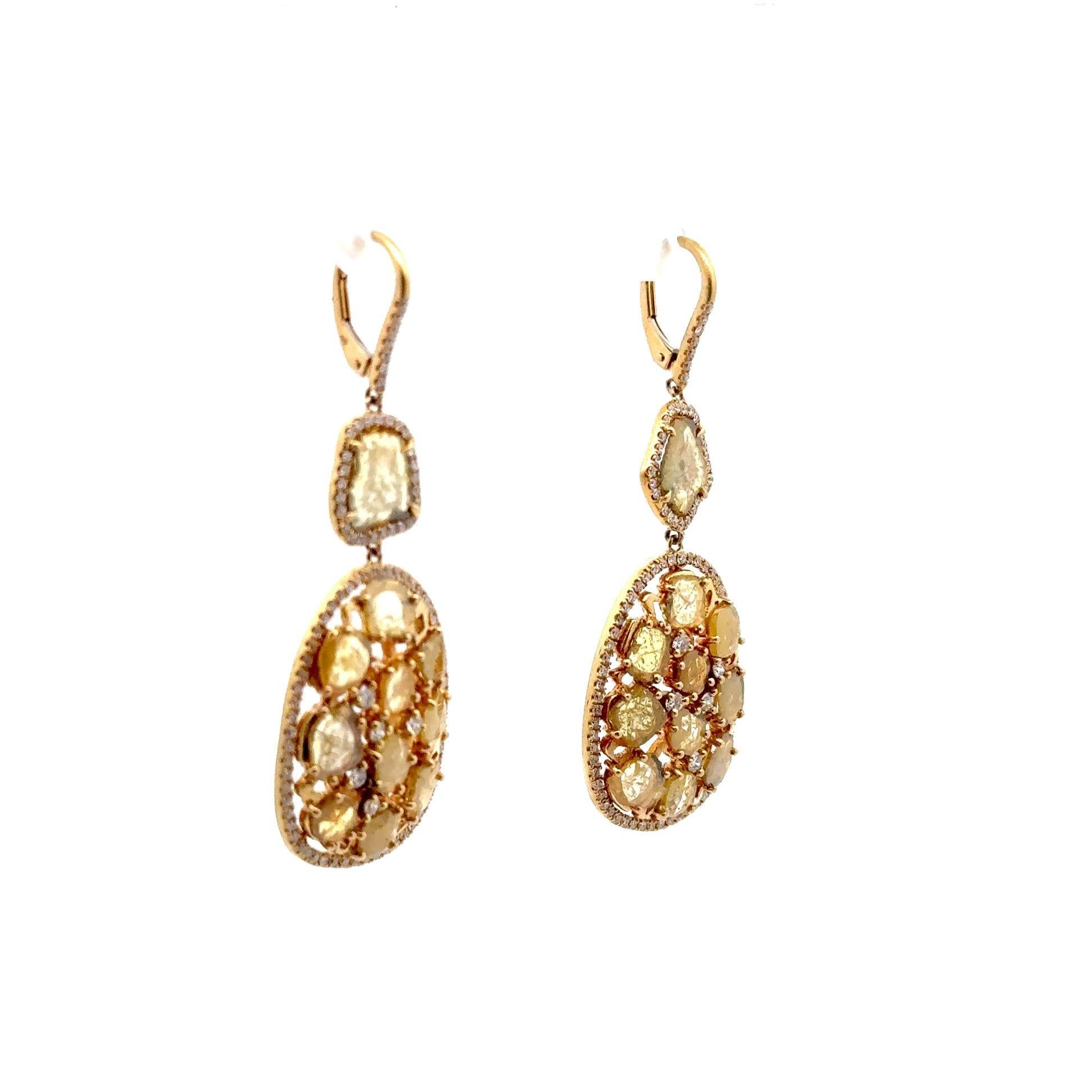 Gelbe & Weiße Diamant-Tropfen-Ohrringe aus 18 Karat Gelbgold mit Diamantscheiben Herren im Angebot