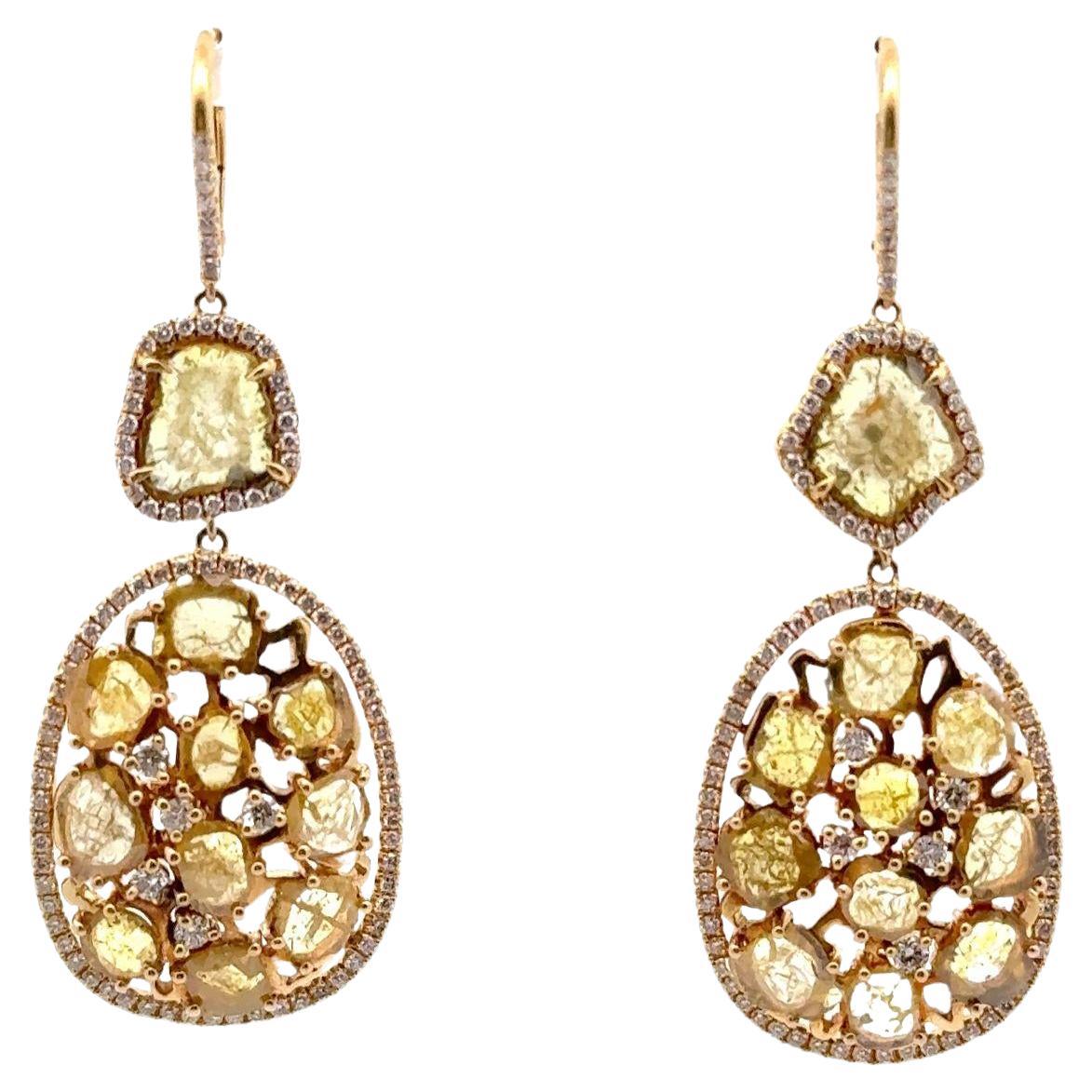 Gelbe & Weiße Diamant-Tropfen-Ohrringe aus 18 Karat Gelbgold mit Diamantscheiben im Angebot