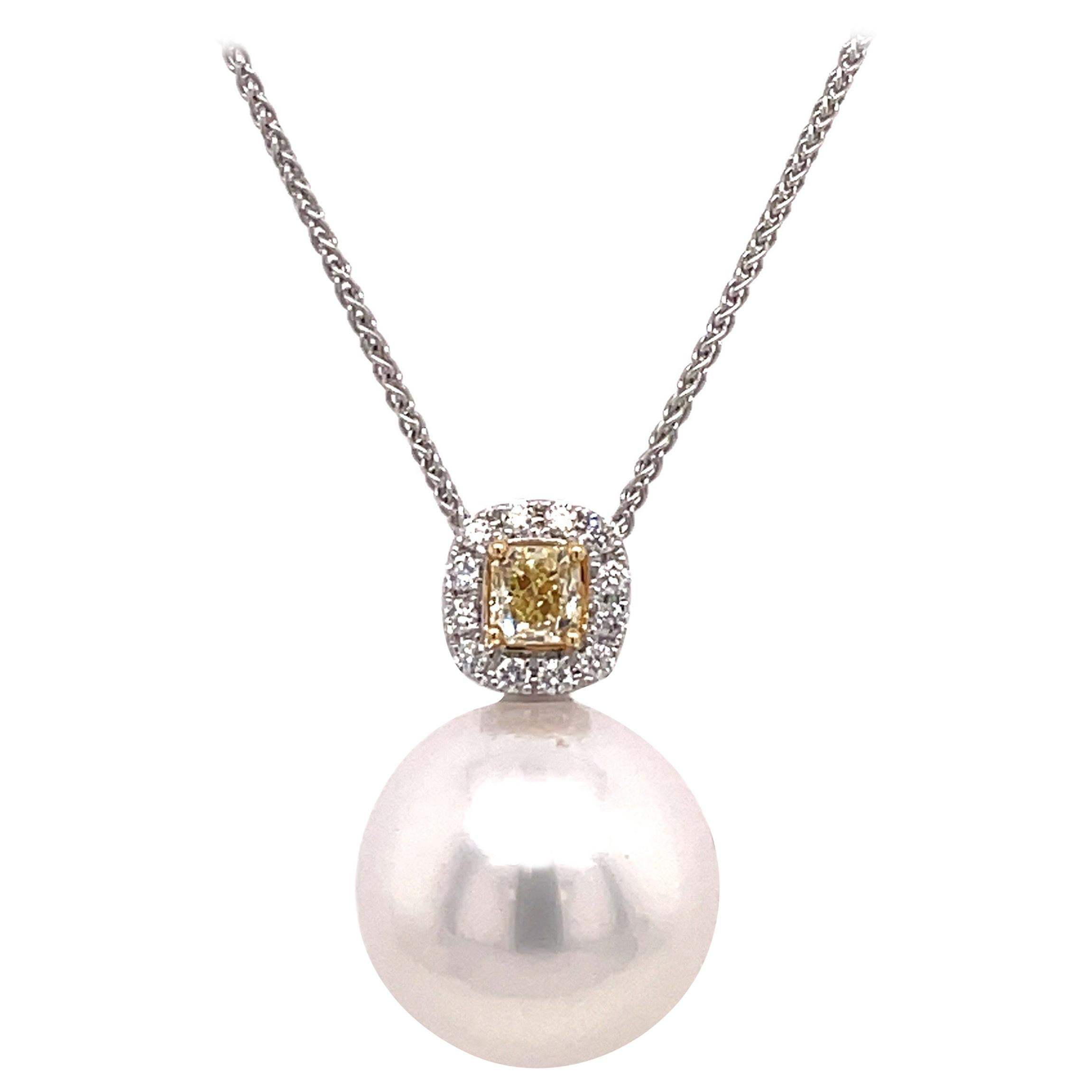 Yellow & White Diamond South Sea Pearl Pendant 0.37 Carats 18 Karat For Sale