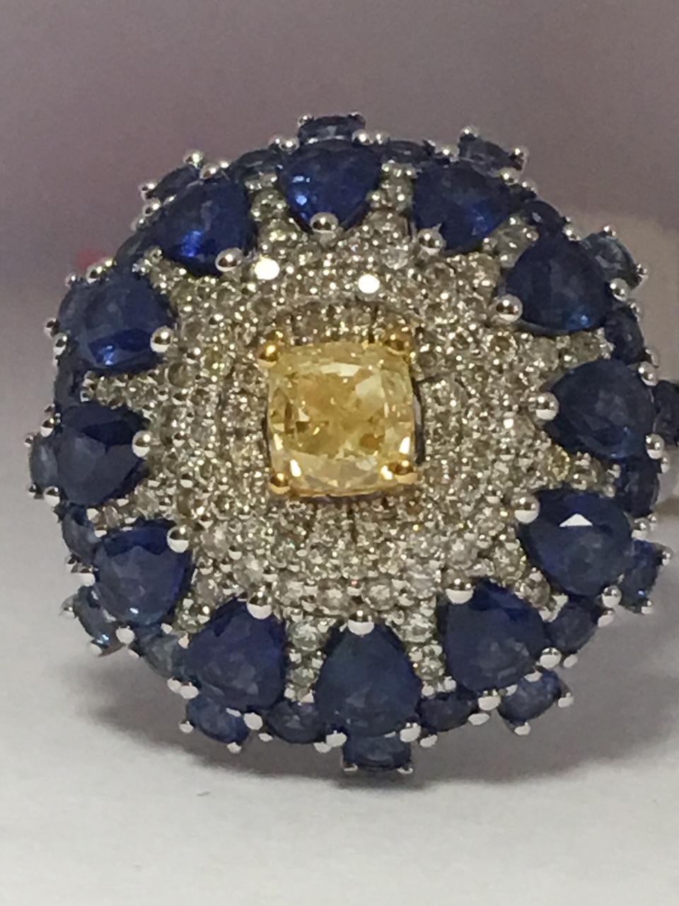 Women's Yellow , White Diamonds and Blue Sapphire Ring