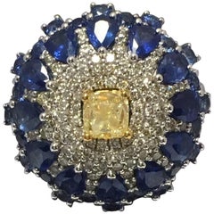 Yellow , White Diamonds and Blue Sapphire Ring