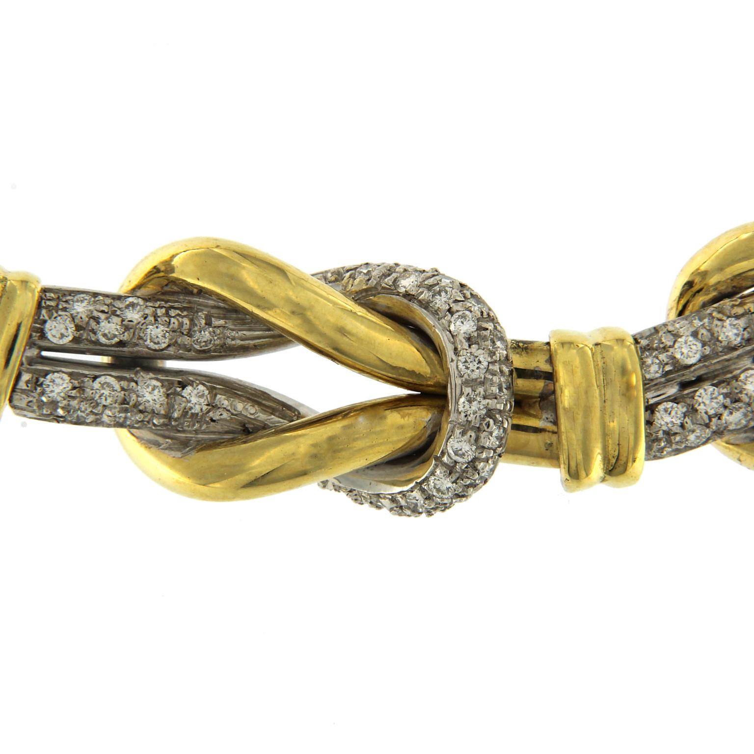 Gelbe/weiße Doppelknoten-Halskette aus 18 Karat mit Diamanten Damen im Angebot
