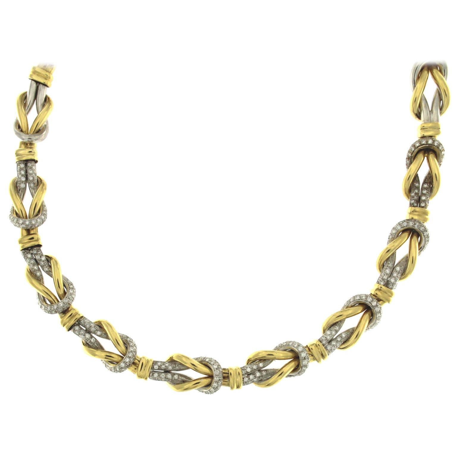 Yellow/White Double Knot Necklace 18 Karat with Diamonds For Sale