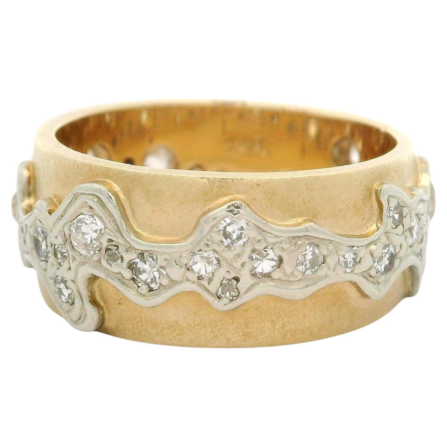 Yellow & White Gold 0.75ctw Old Diamond Wavy Design Matte Finish Wide Band Ring