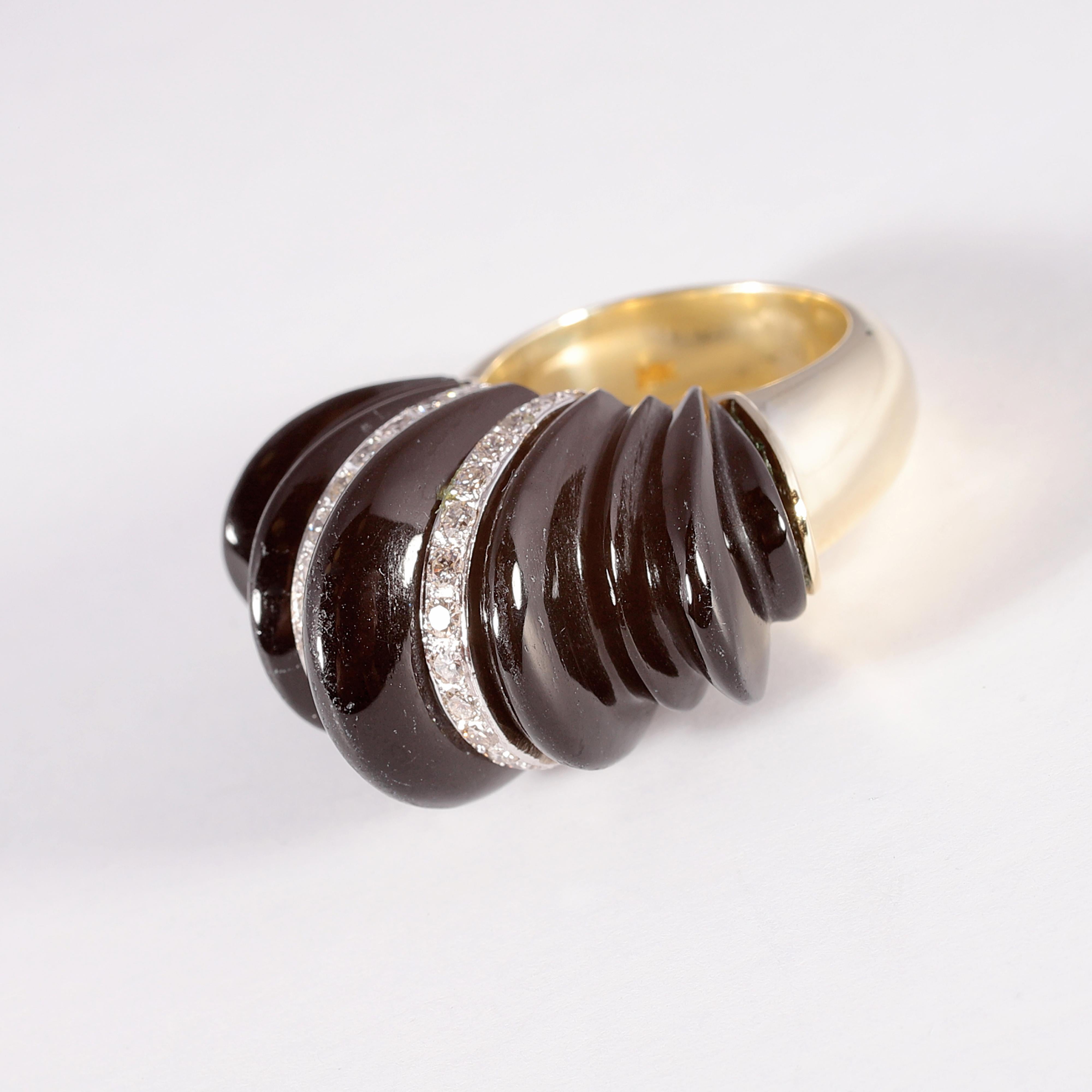 Women's or Men's Yellow White Gold Black Glass Diamond Ring