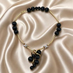 Yellow & White Gold Carved Ball Bead Black Onyx w/ "X" Diamond Link Necklace