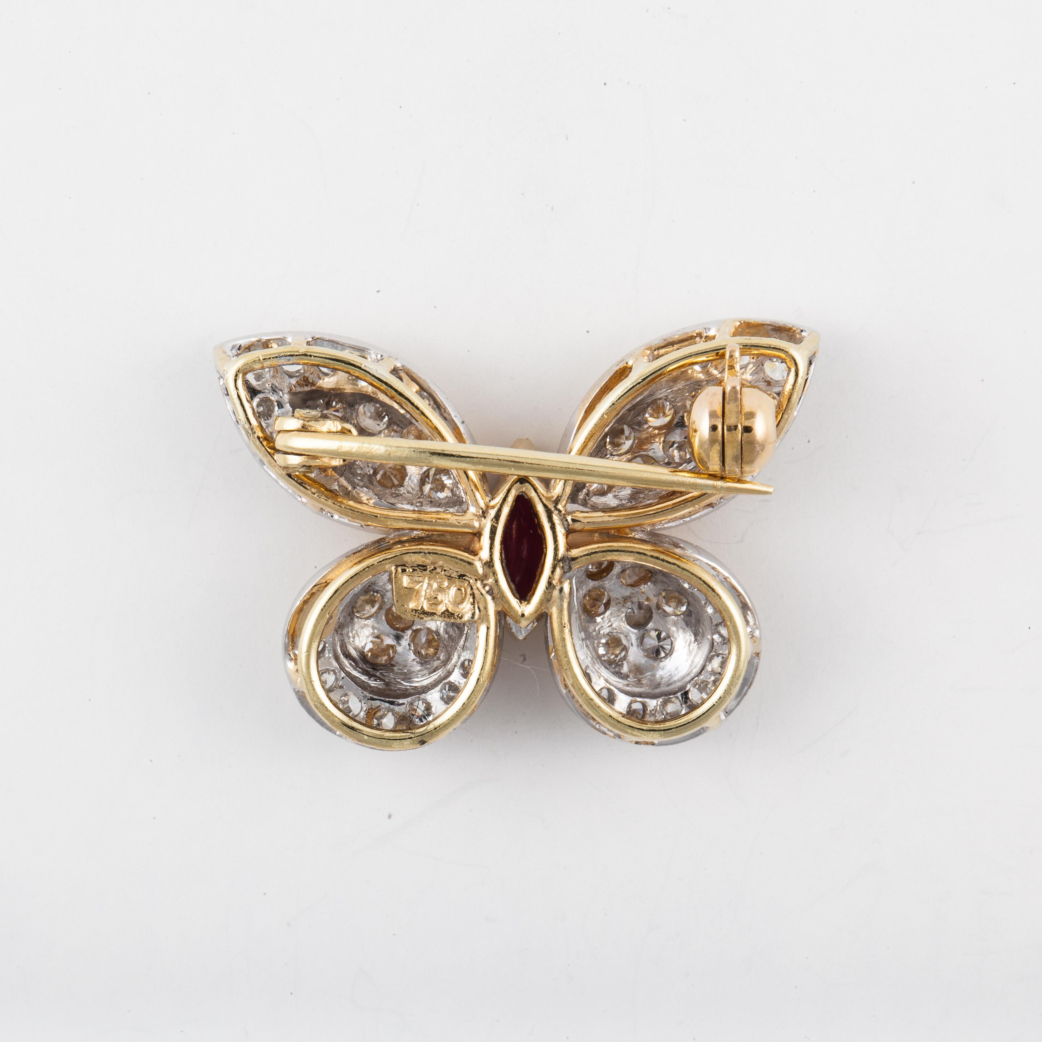 Yellow/White Gold Diamond Ruby Butterfly Pin In Good Condition In Houston, TX