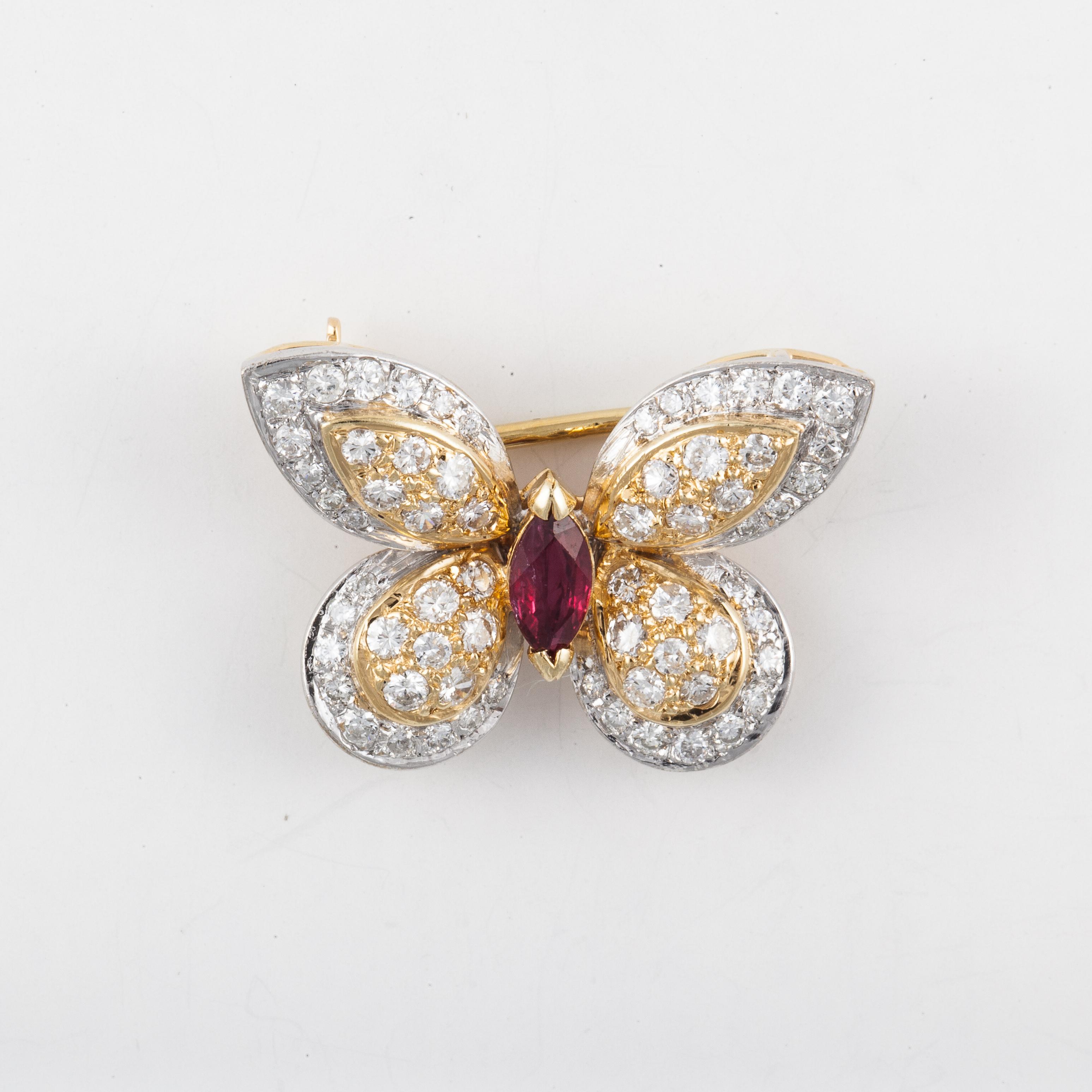 Women's or Men's Yellow/White Gold Diamond Ruby Butterfly Pin
