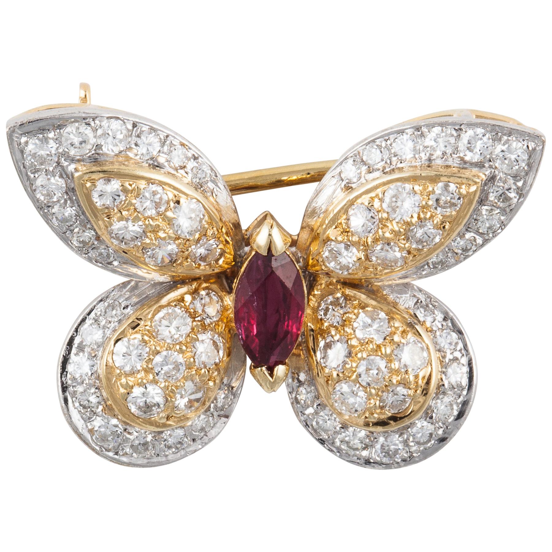 Yellow/White Gold Diamond Ruby Butterfly Pin