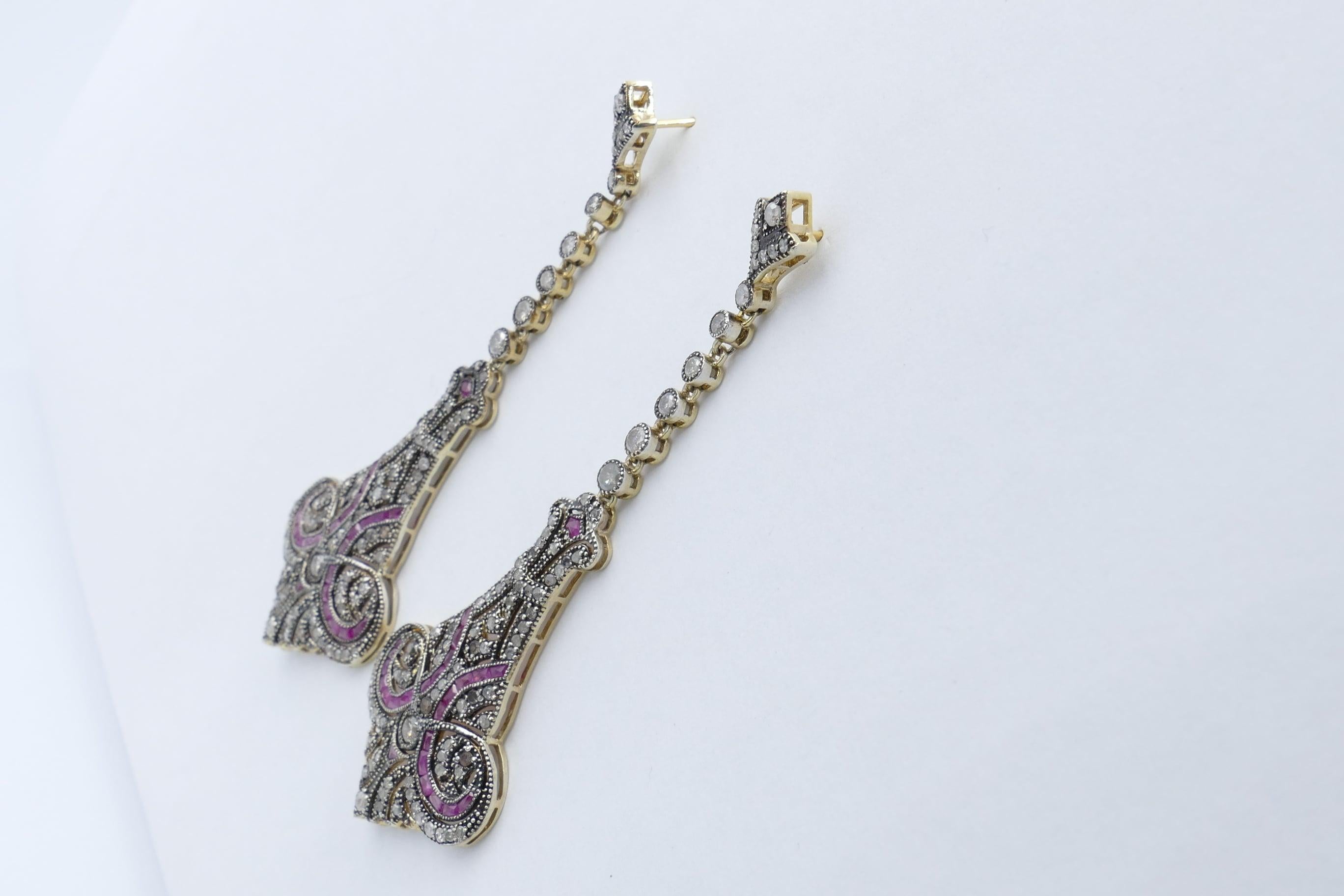 Modern Yellow or White Gold Ruby and Diamond Long Drop Earrings For Sale
