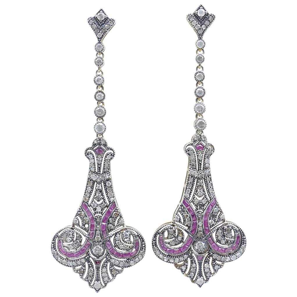 Yellow or White Gold Ruby and Diamond Long Drop Earrings For Sale