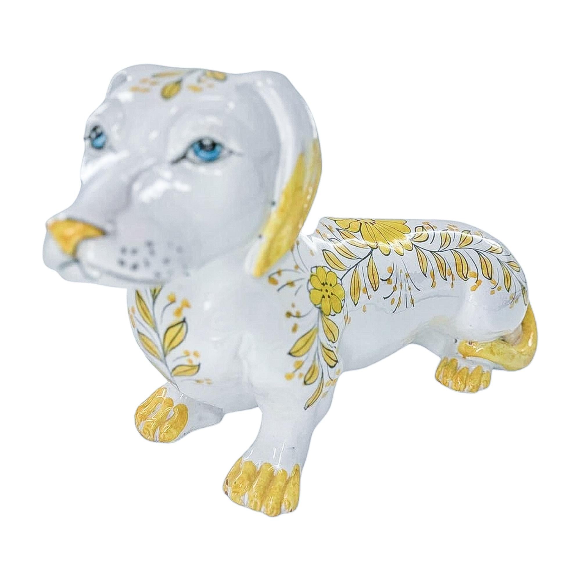 Yellow & White Hand-Painted Dachshund Figurine In Good Condition For Sale In Sarasota, FL