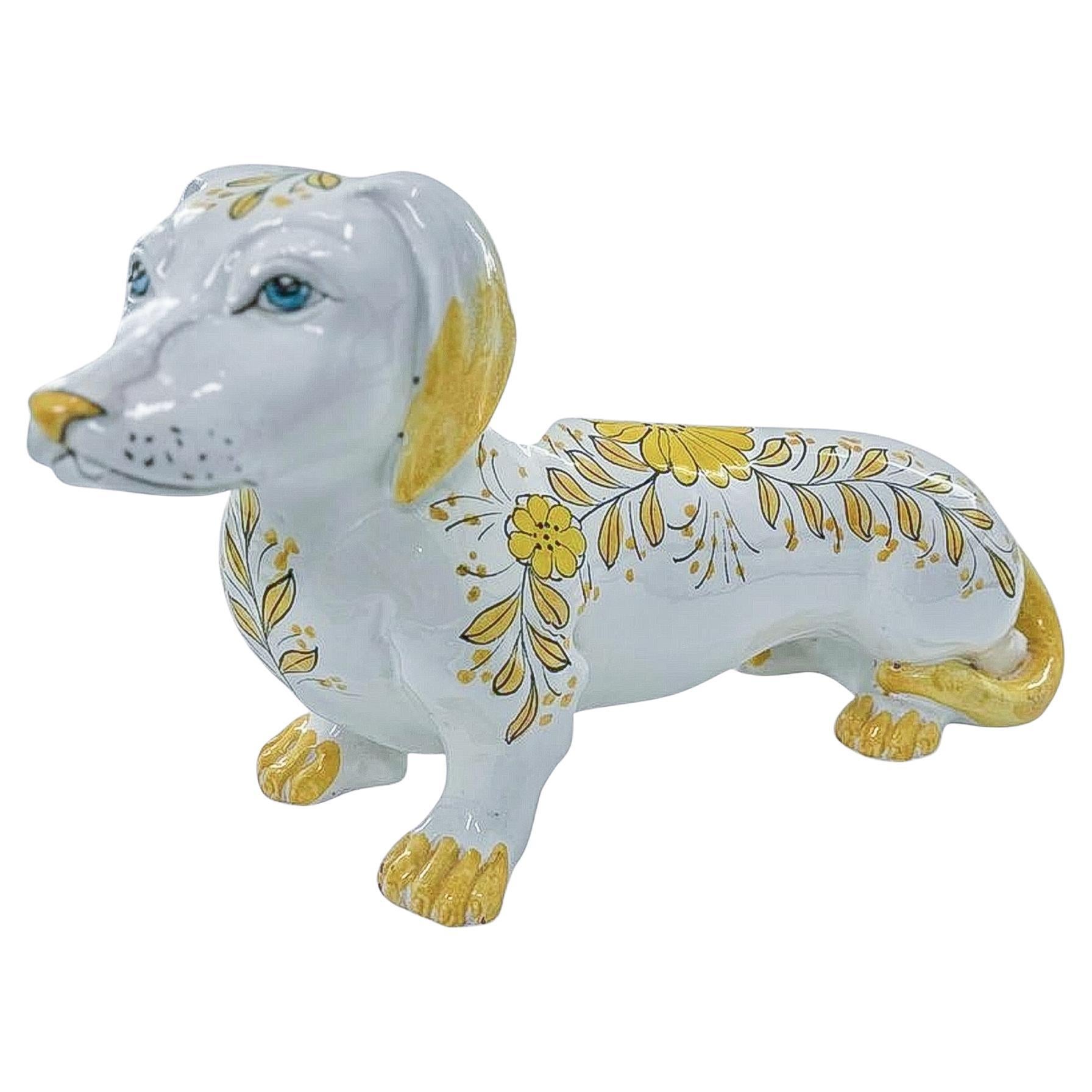 Yellow & White Hand-Painted Dachshund Figurine For Sale