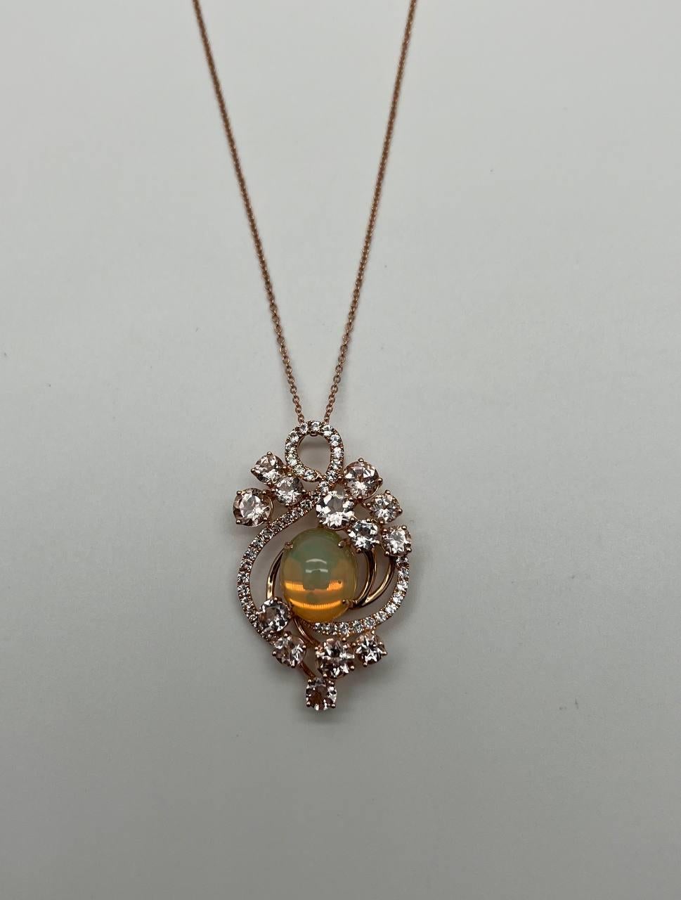 Women's Yellow White Opal Peach Morganites White Diamonds 14K Rose Gold Pendant Necklace For Sale