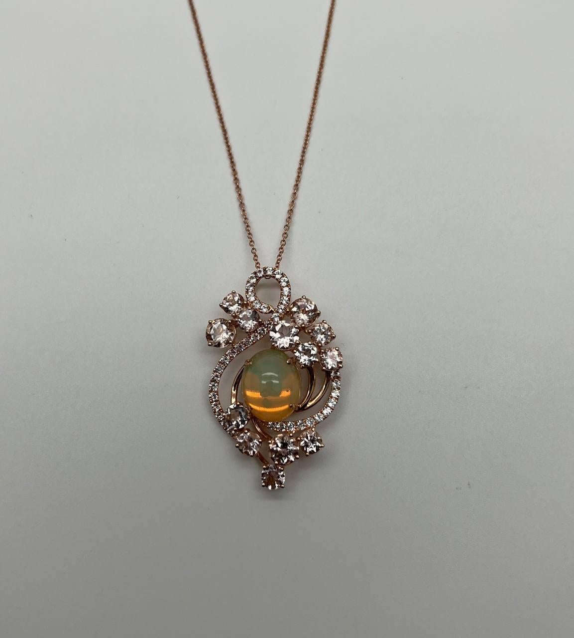 Yellow White Opal Peach Morganites White Diamonds 14K Rose Gold Pendant Necklace For Sale 1