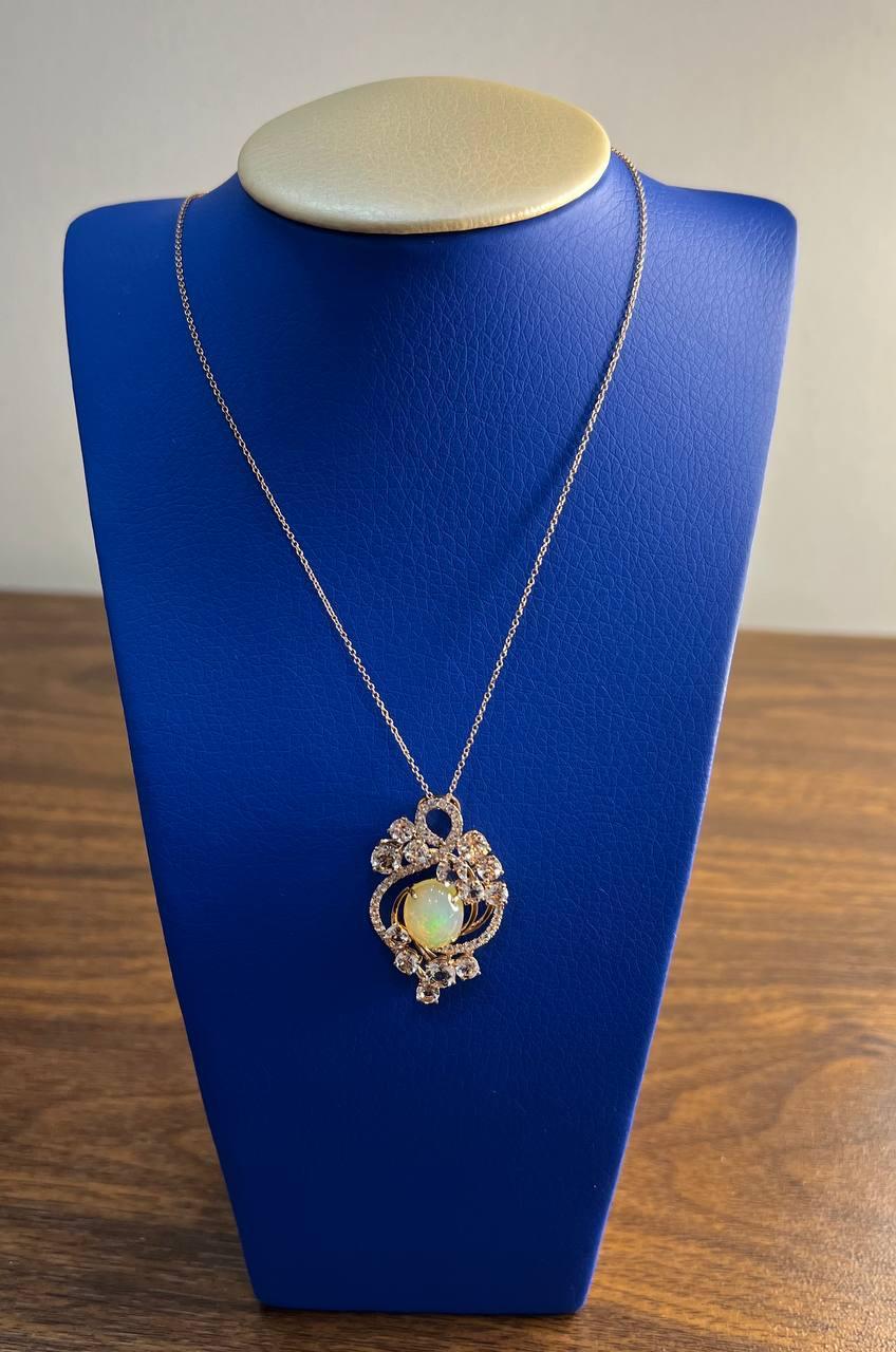 Yellow White Opal Peach Morganites White Diamonds 14K Rose Gold Pendant Necklace For Sale 3