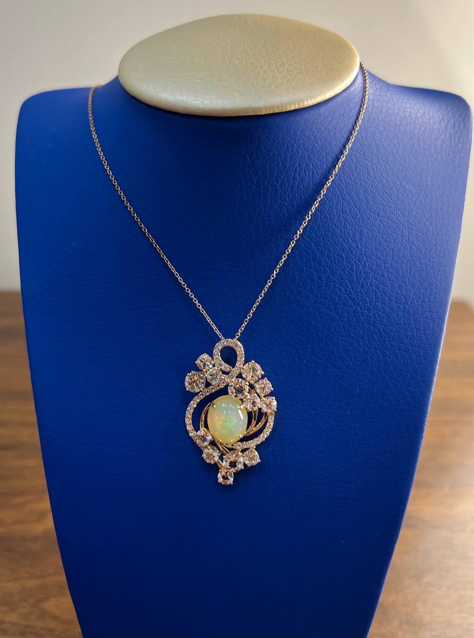 Yellow White Opal Peach Morganites White Diamonds 14K Rose Gold Pendant Necklace For Sale 4
