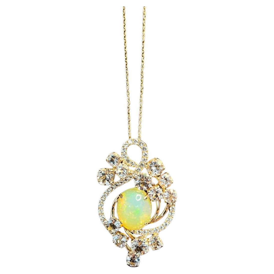 Yellow White Opal Peach Morganites White Diamonds 14K Rose Gold Pendant Necklace