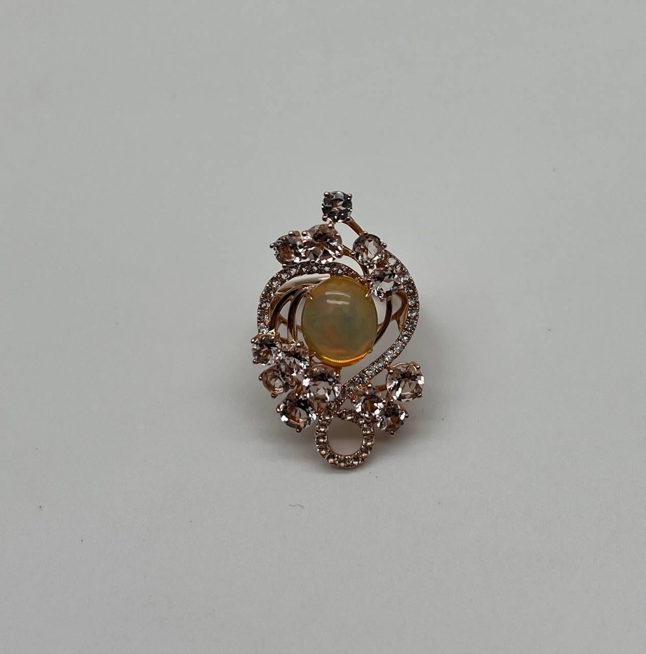 Opalo Blanco Amarillo Morganitas Diamantes Blancos Anillo de Oro Rosa de 14K en venta 5