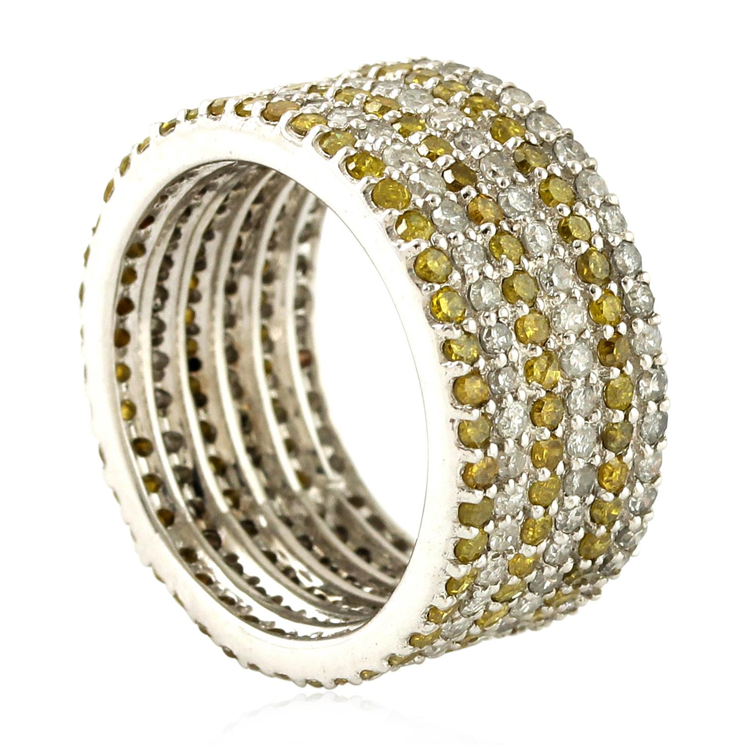 Art Deco Yellow & White Pave Diamond Band Ring Made In 14k White Gold For Sale