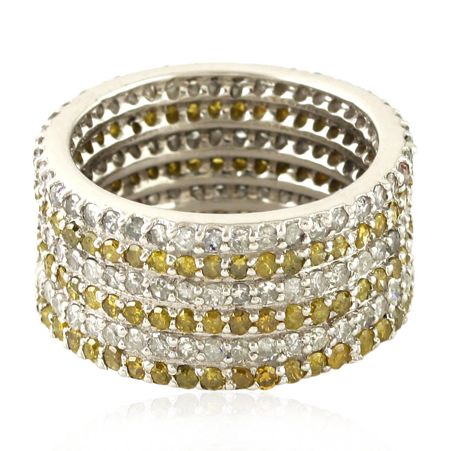 Mixed Cut Yellow & White Pave Diamond Band Ring Made In 14k White Gold For Sale