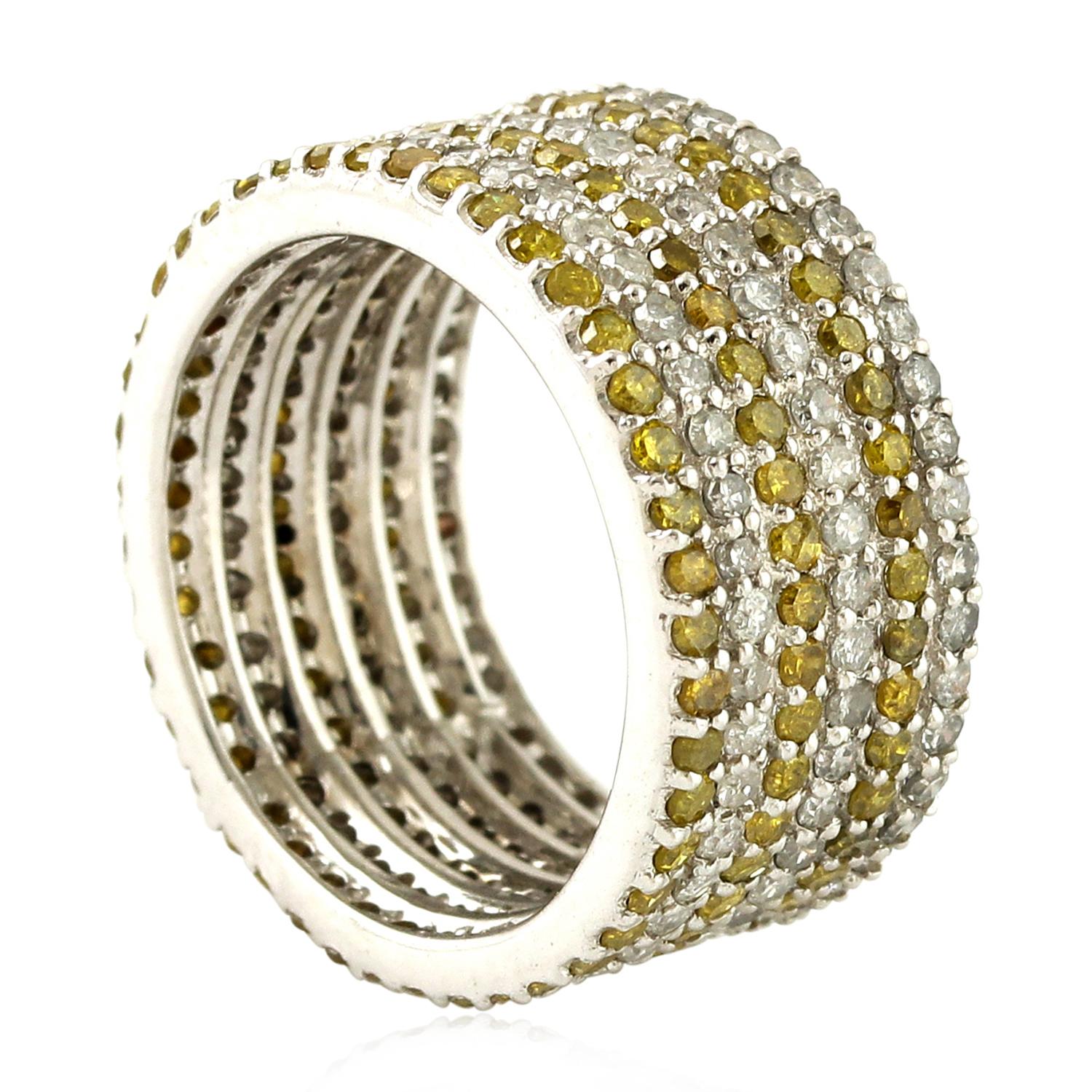 Yellow & White Pave Diamond Band Ring Made In 14k White Gold For Sale 1