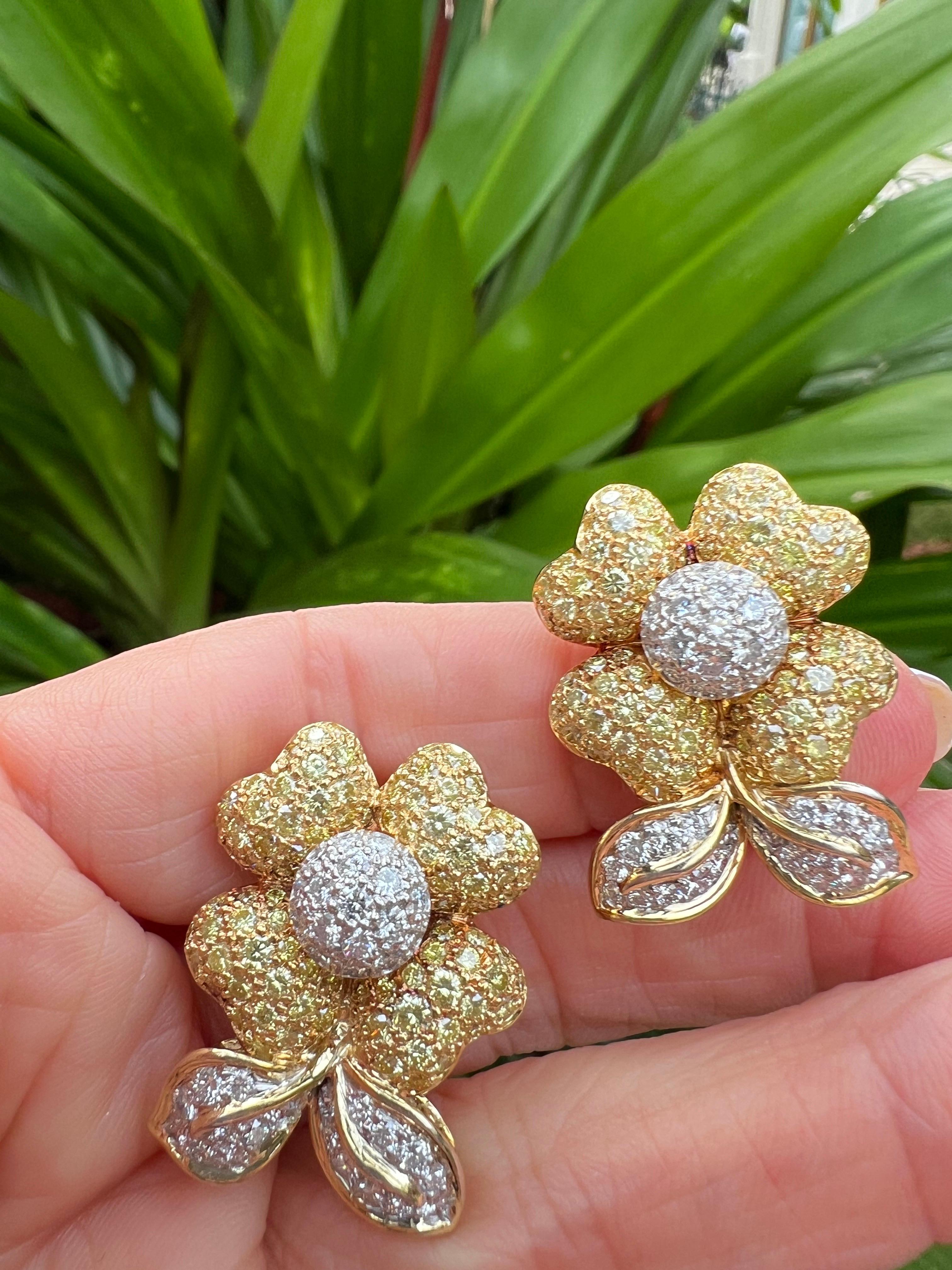 Yellow White Pavé Diamond Flower Clip Earrings In Excellent Condition In Palm Beach, FL