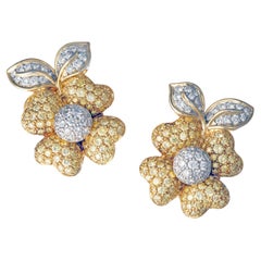 Yellow White Pavé Diamond Flower Clip Earrings