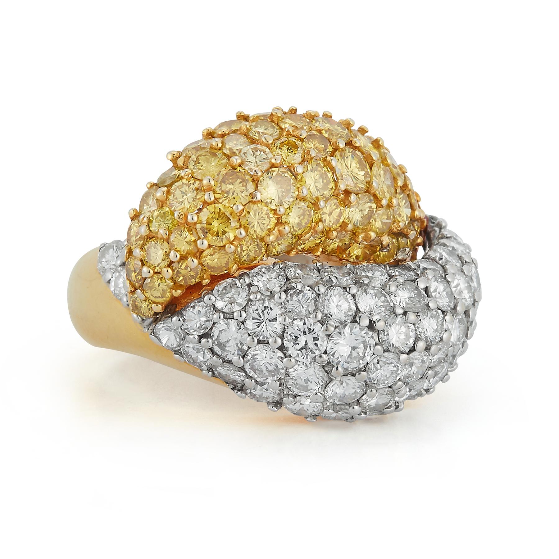 Yellow & White Pave Diamond You and Me Ring 

Also Known as Toi et Moi Ring

58 yellow round cut diamonds  approximately 2.76 cts.  58 white round cut diamonds  approximately 2.76 cts, set in platinum & yellow gold.

Ring Size: 4.75

Resizable free