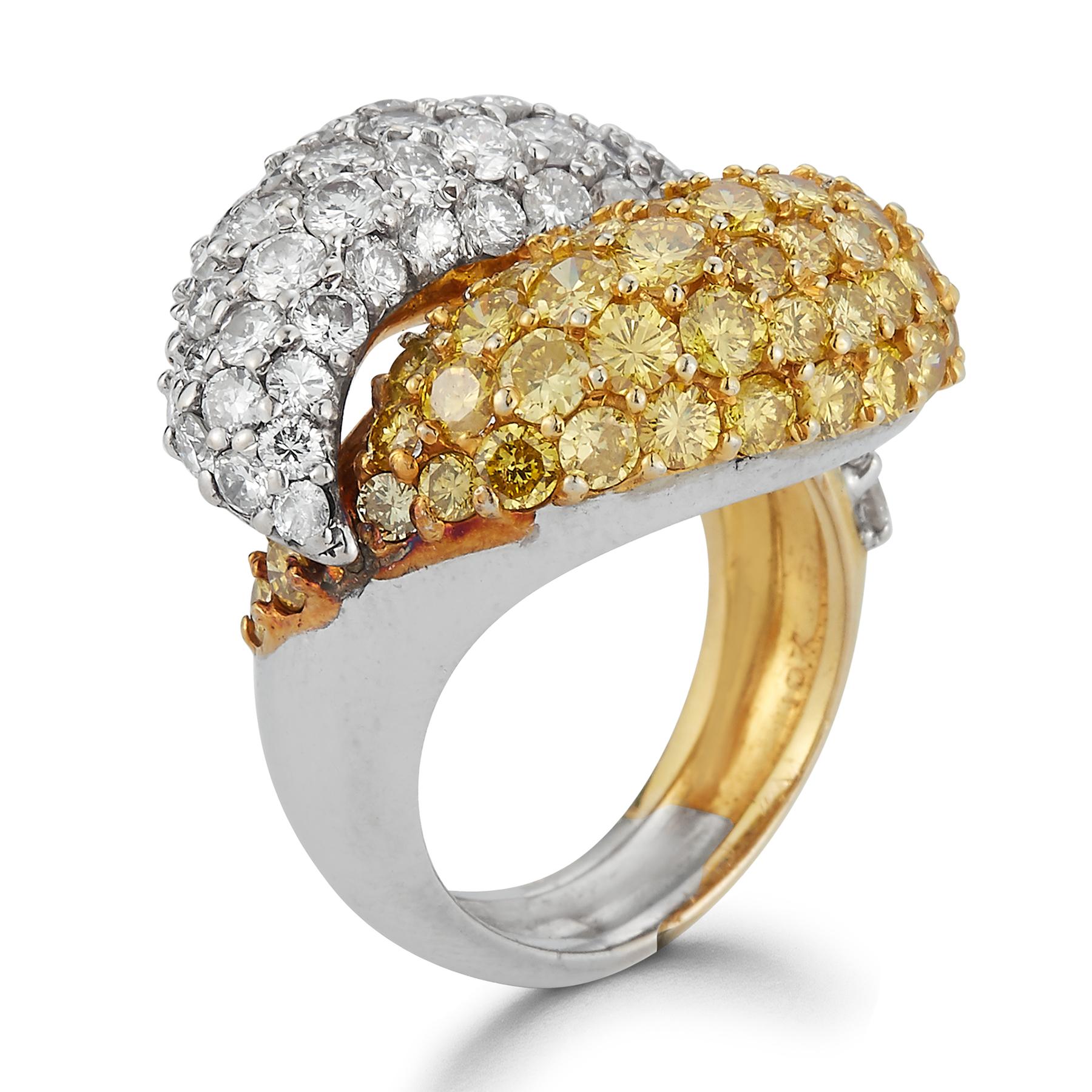 Yellow & White Pave Diamond You and Me Ring In Excellent Condition For Sale In New York, NY