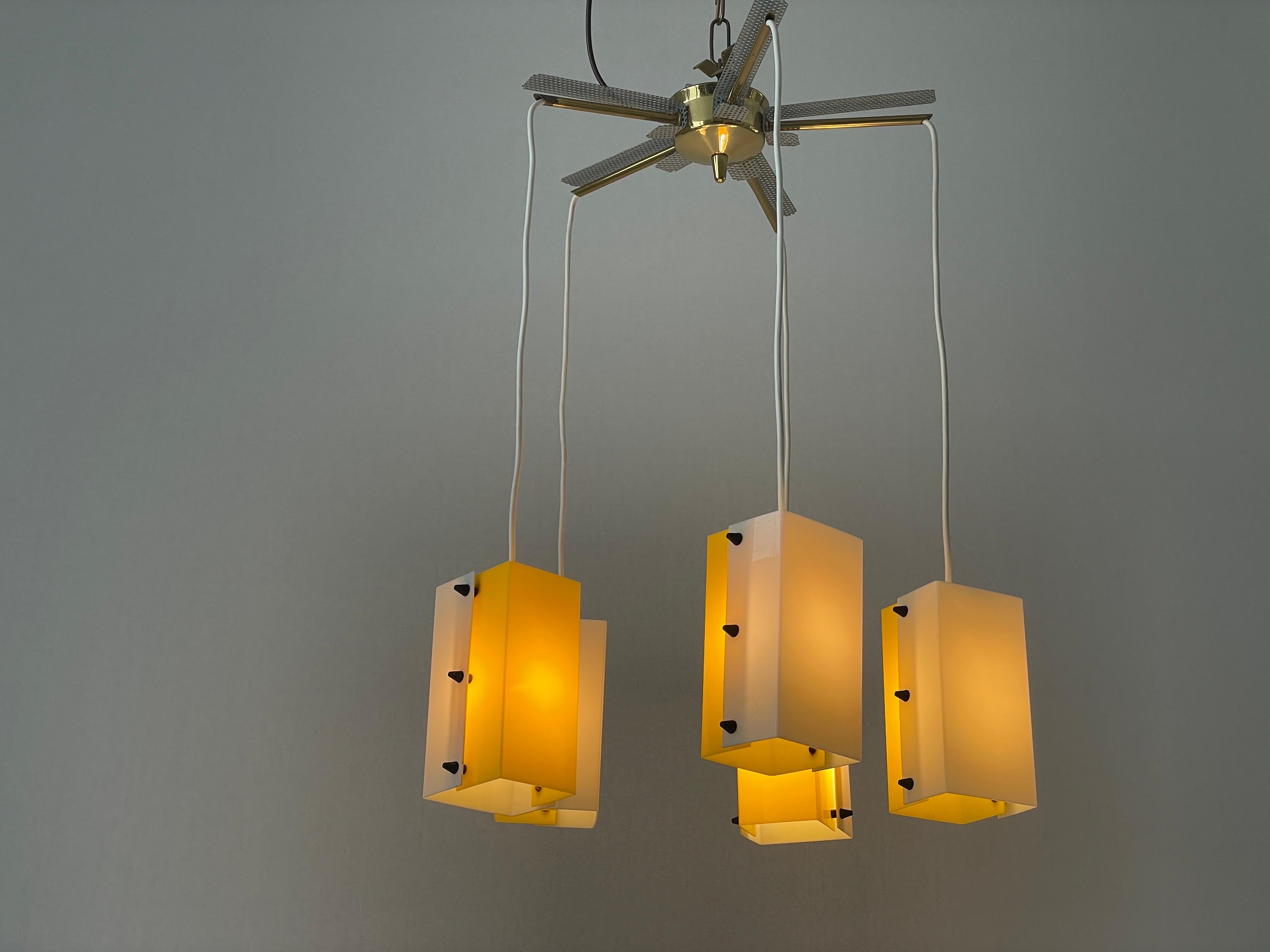 Yellow-White Plexiglass 5-shade Chandelier by Schmelzer Leuchten, 1950s, Germany For Sale 5