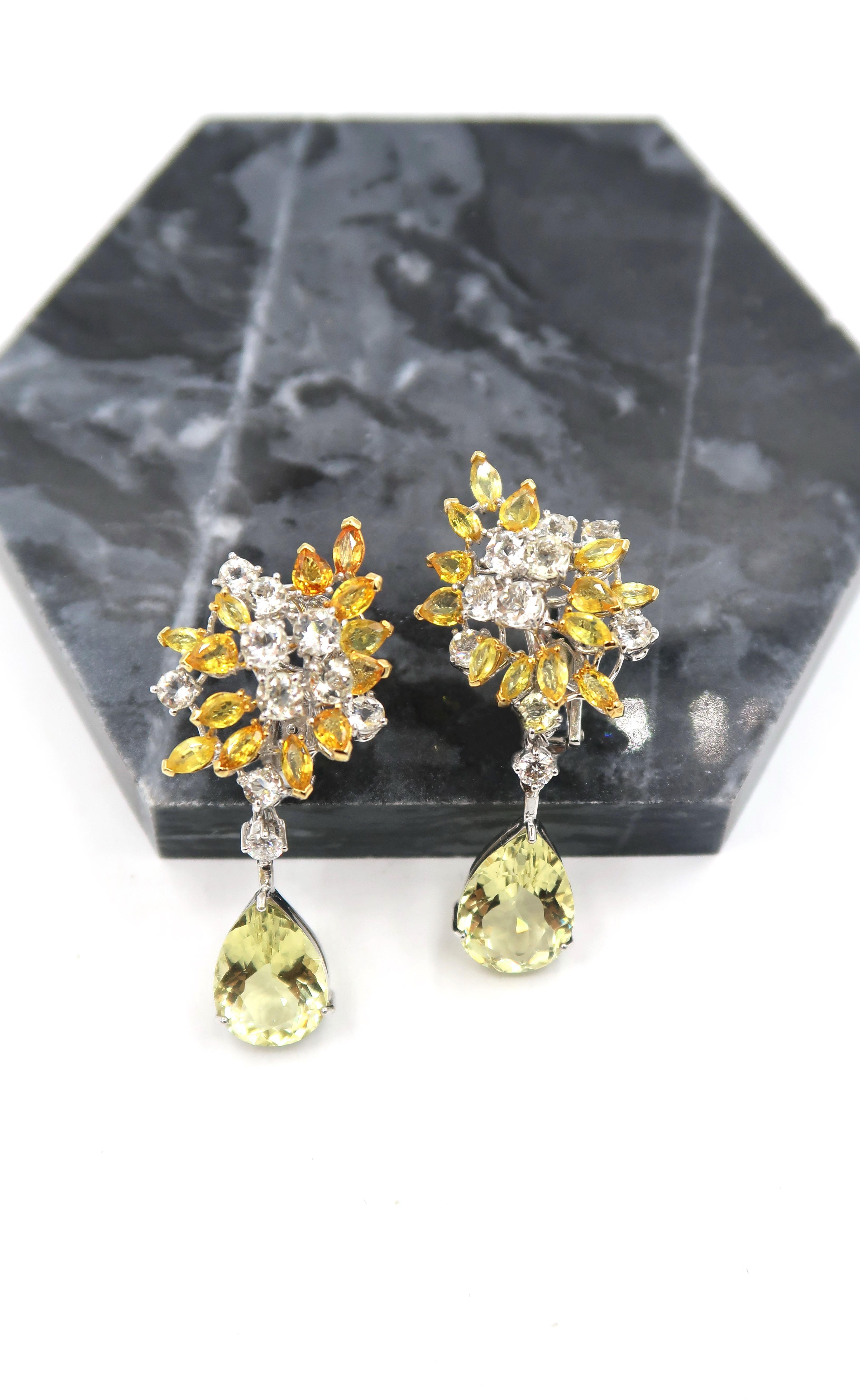 Yellow White Sapphire Diamond Cluster 18k Gold Earrings with Yellow Beryl Drops For Sale 2