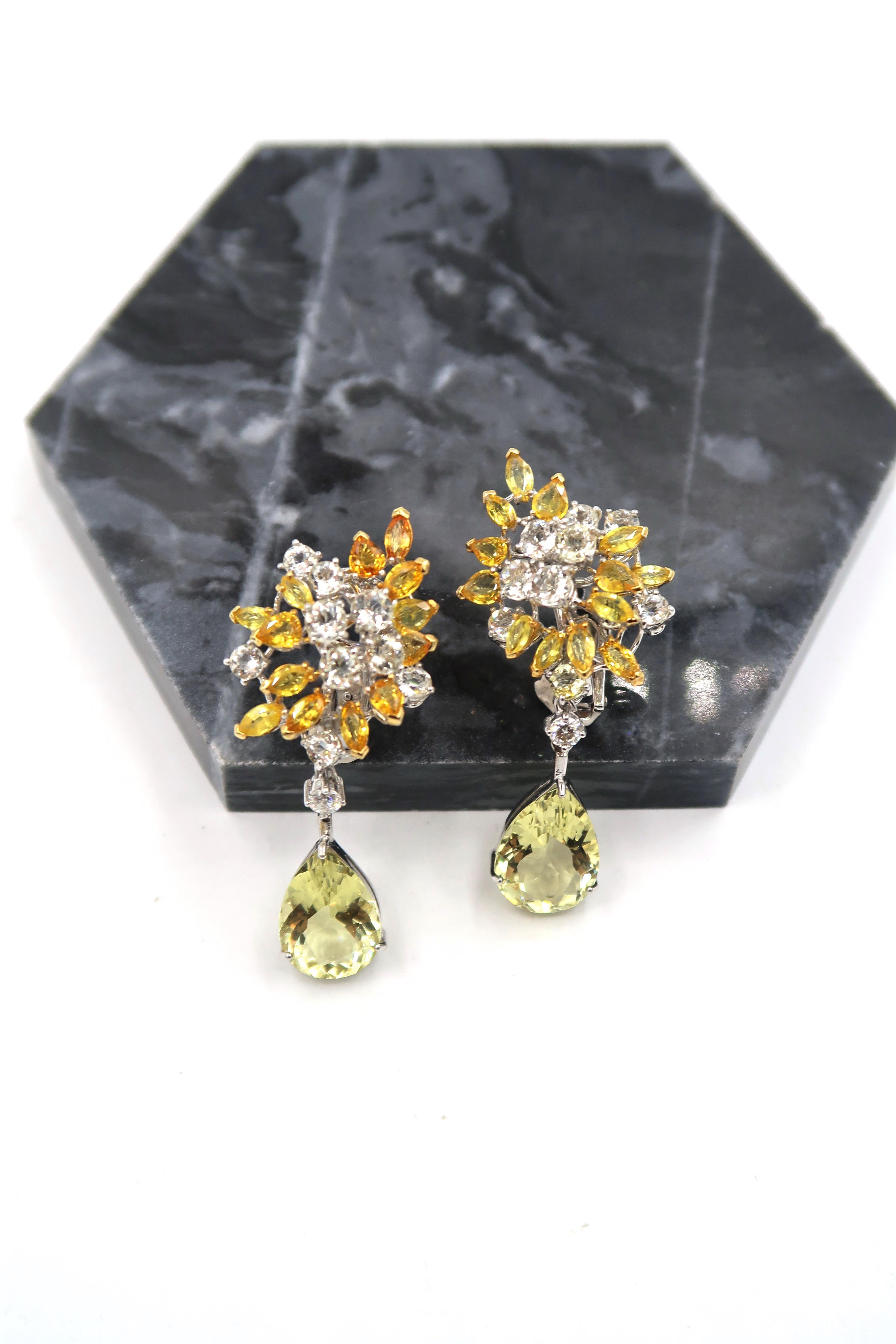 Yellow White Sapphire Diamond Cluster 18k Gold Earrings with Yellow Beryl Drops For Sale 4