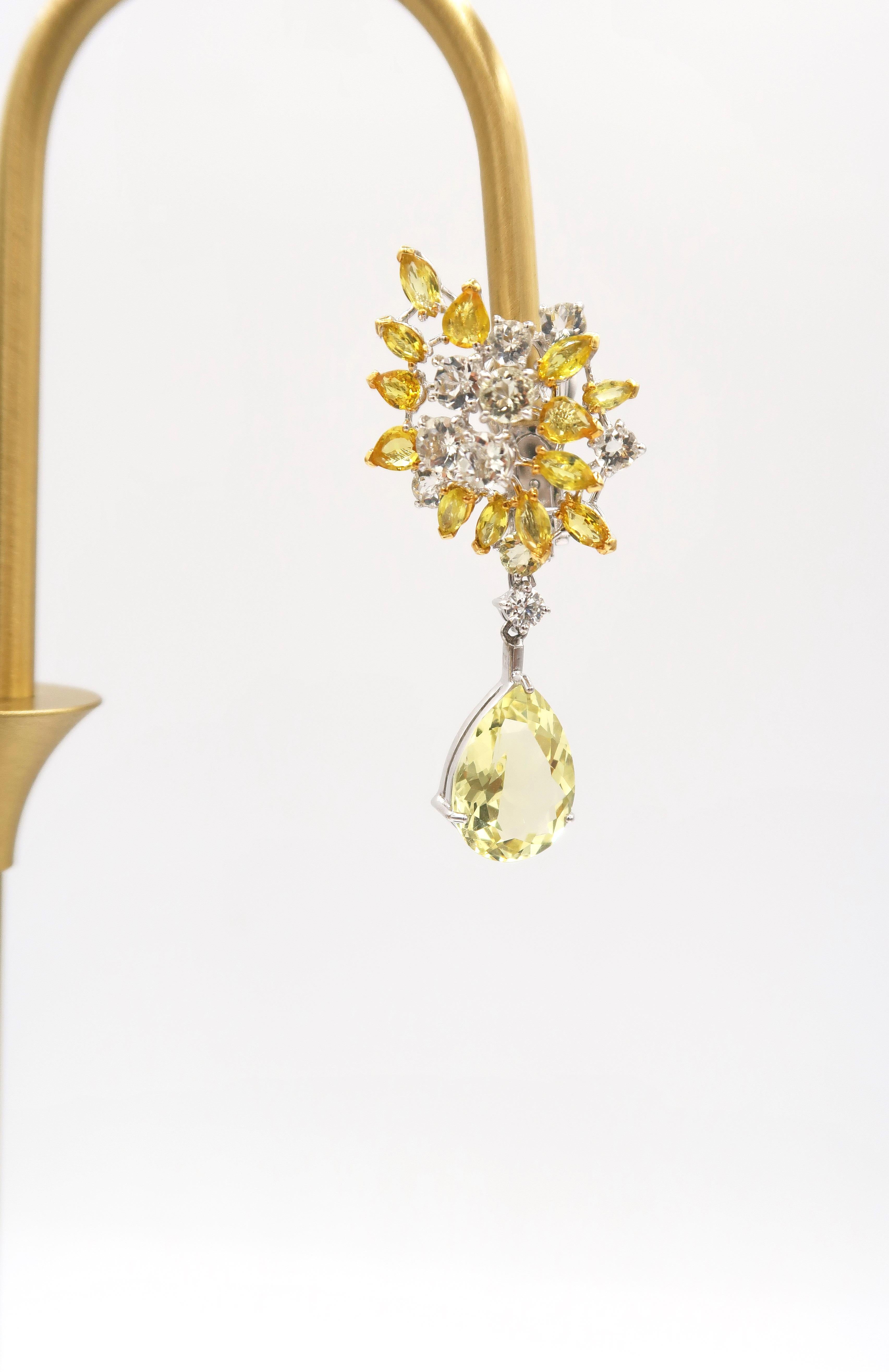 Women's Yellow White Sapphire Diamond Cluster 18k Gold Earrings with Yellow Beryl Drops For Sale