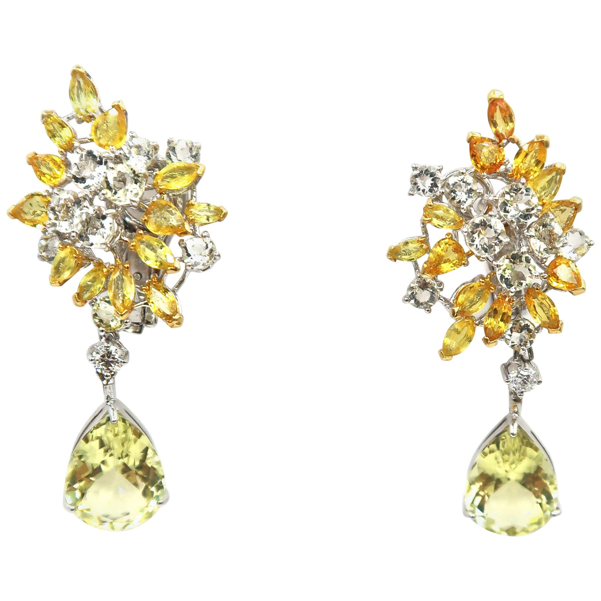 Yellow White Sapphire Diamond Cluster 18k Gold Earrings with Yellow Beryl Drops For Sale
