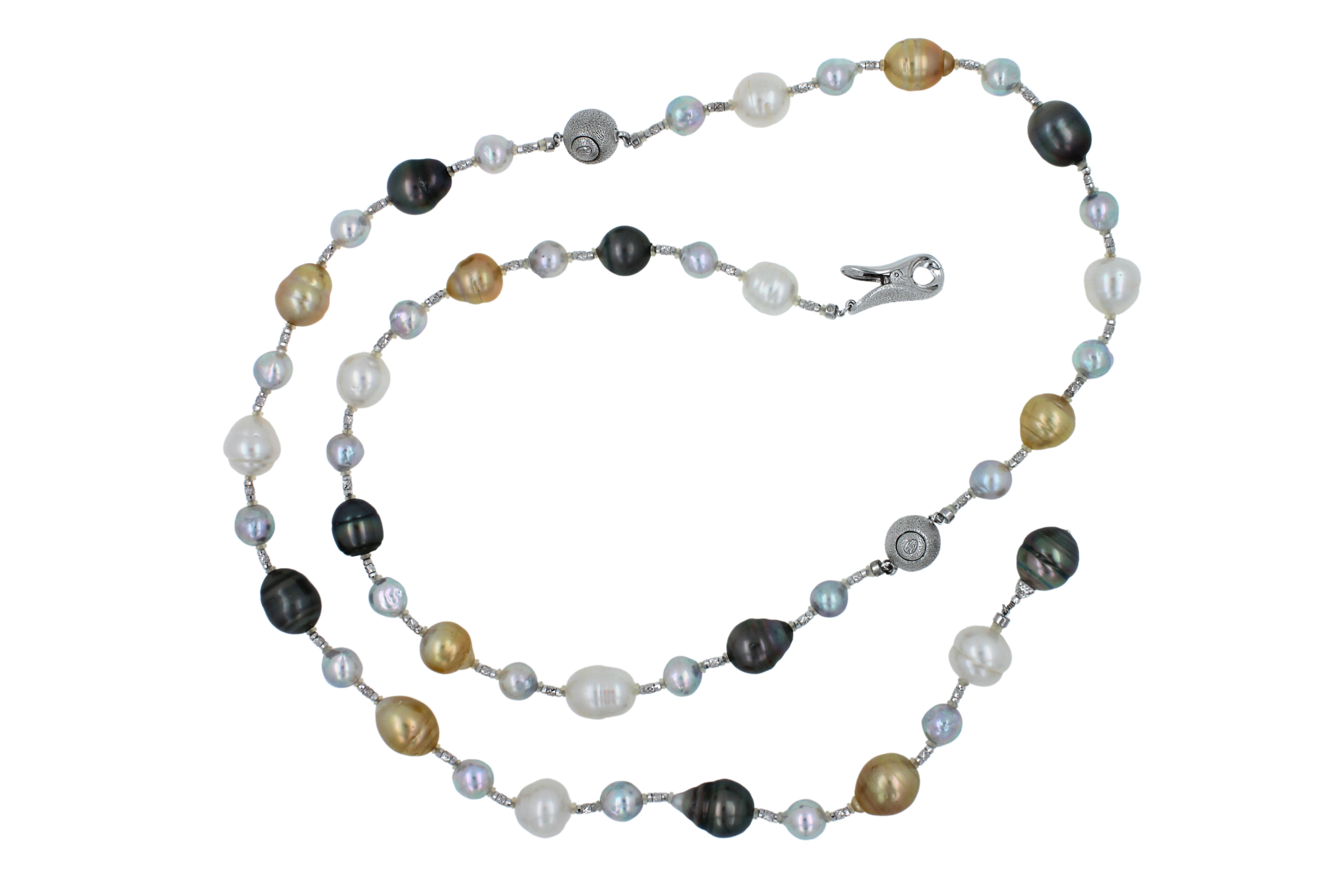 Perle di Tahiti dei mari del sud, giallo dorato, bianco, oro, collana e braccialetto regolabili.
Oro bianco 18 carati
Perle dei mari del sud *oro, bianco e argento
Perle di Tahiti *Grigio scuro e nero 
Lunghezza regolabile da un girocollo a un