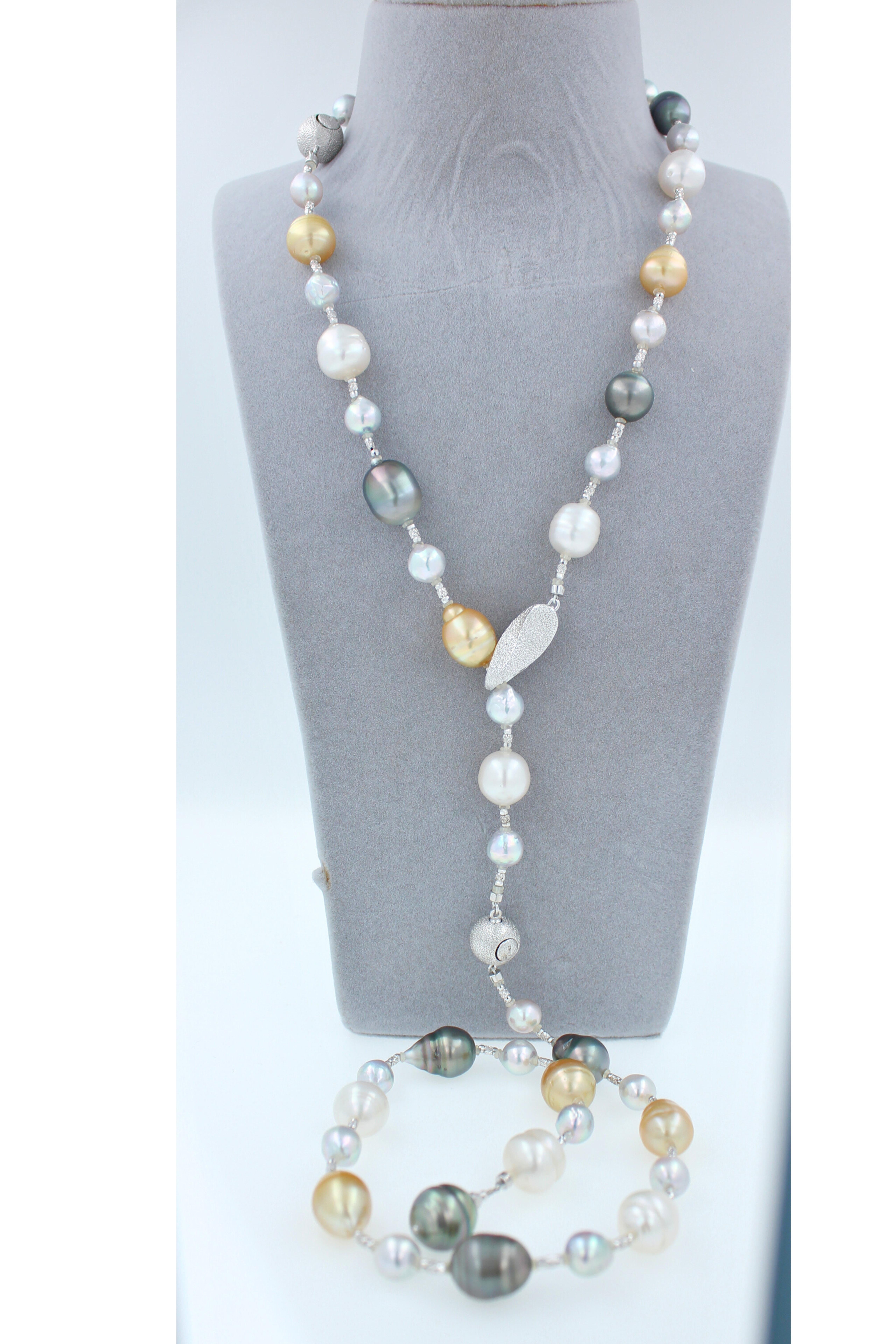Yellow White South Sea Tahitian Pearls Gold Adjustable Lariat Necklace Bracelet In New Condition For Sale In Oakton, VA