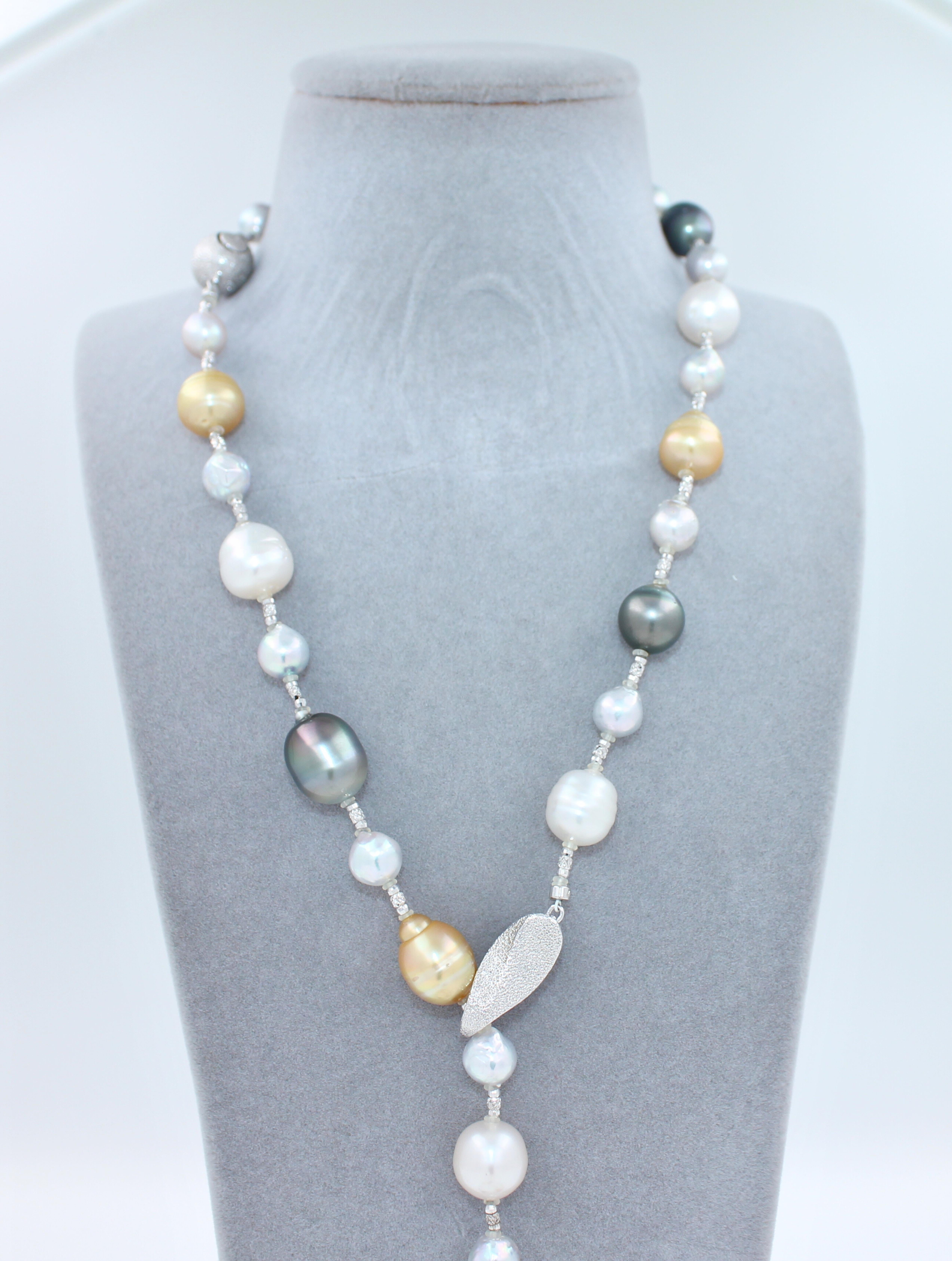 Gelb Weiß Südsee Tahiti-Perlen Gold Einstellbare Lariat Halskette Armband Damen im Angebot