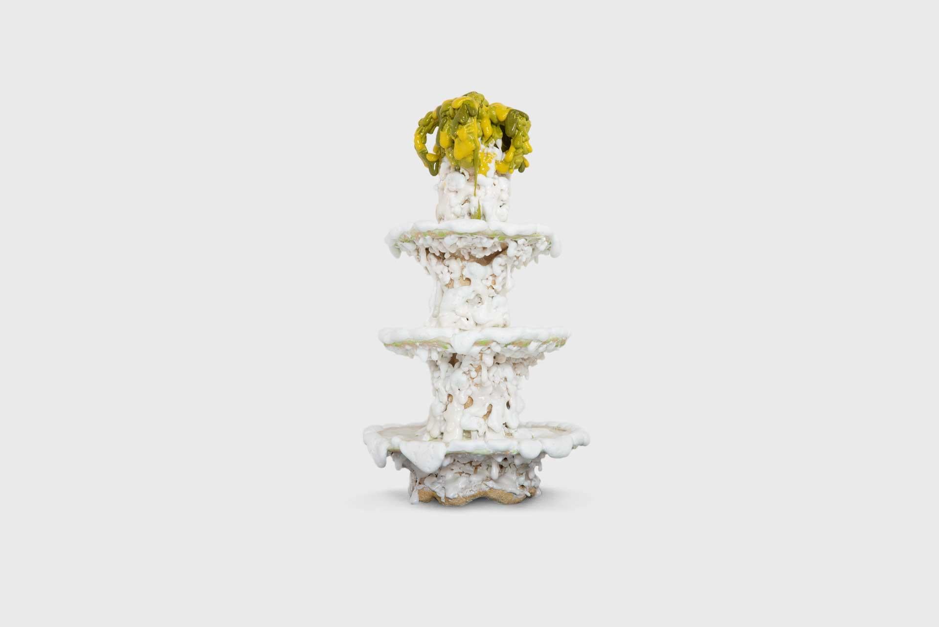 Three-Tiered Cake Stand
Manufactured by Nick Weddell
USA, 2022
Stoneware and glaze

Nicholas Weddell wakes up one morning from uneasy dreams to find his vessels transformed into enormous vermin. He must be radioactive, he thinks, for evolution