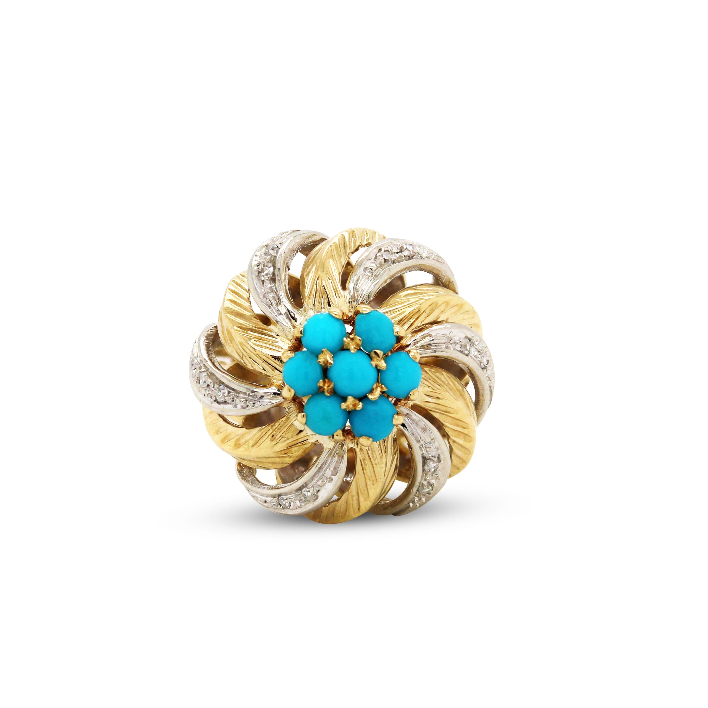 14K Yellow and White Two Tone Gold Ring with Diamonds and Turquoise in the Center

This beauty has a spiral-like design in the center alternating between yellow and white gold. The white gold sections feature diamonds.

The center of the ring has