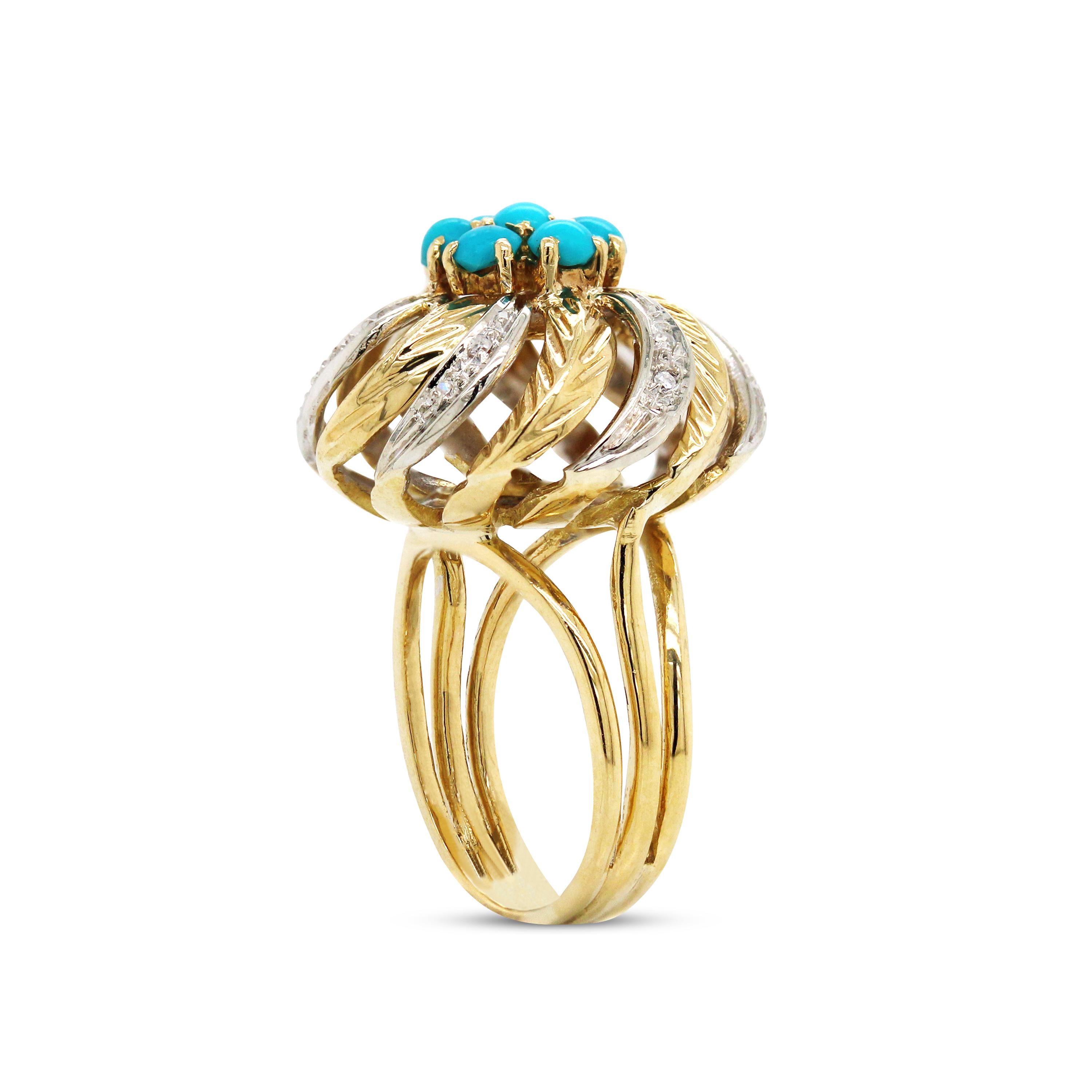 Yellow White Two-Tone Gold and Diamond Cocktail Ring with Turquoise In Excellent Condition In Boca Raton, FL