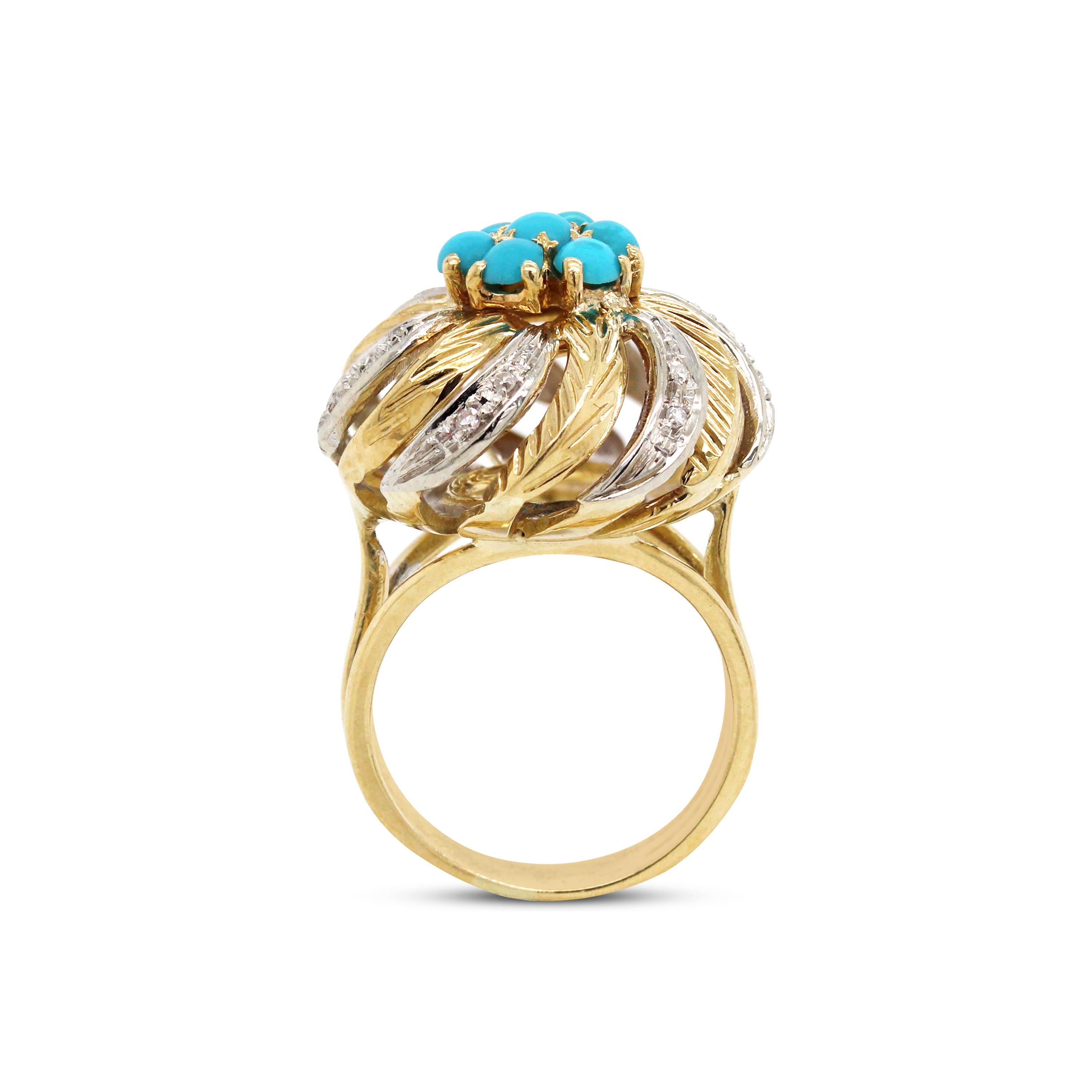 Women's Yellow White Two-Tone Gold and Diamond Cocktail Ring with Turquoise