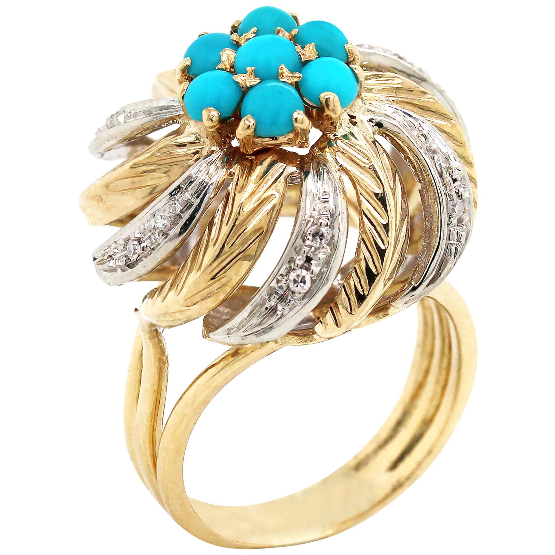 Yellow White Two-Tone Gold and Diamond Cocktail Ring with Turquoise