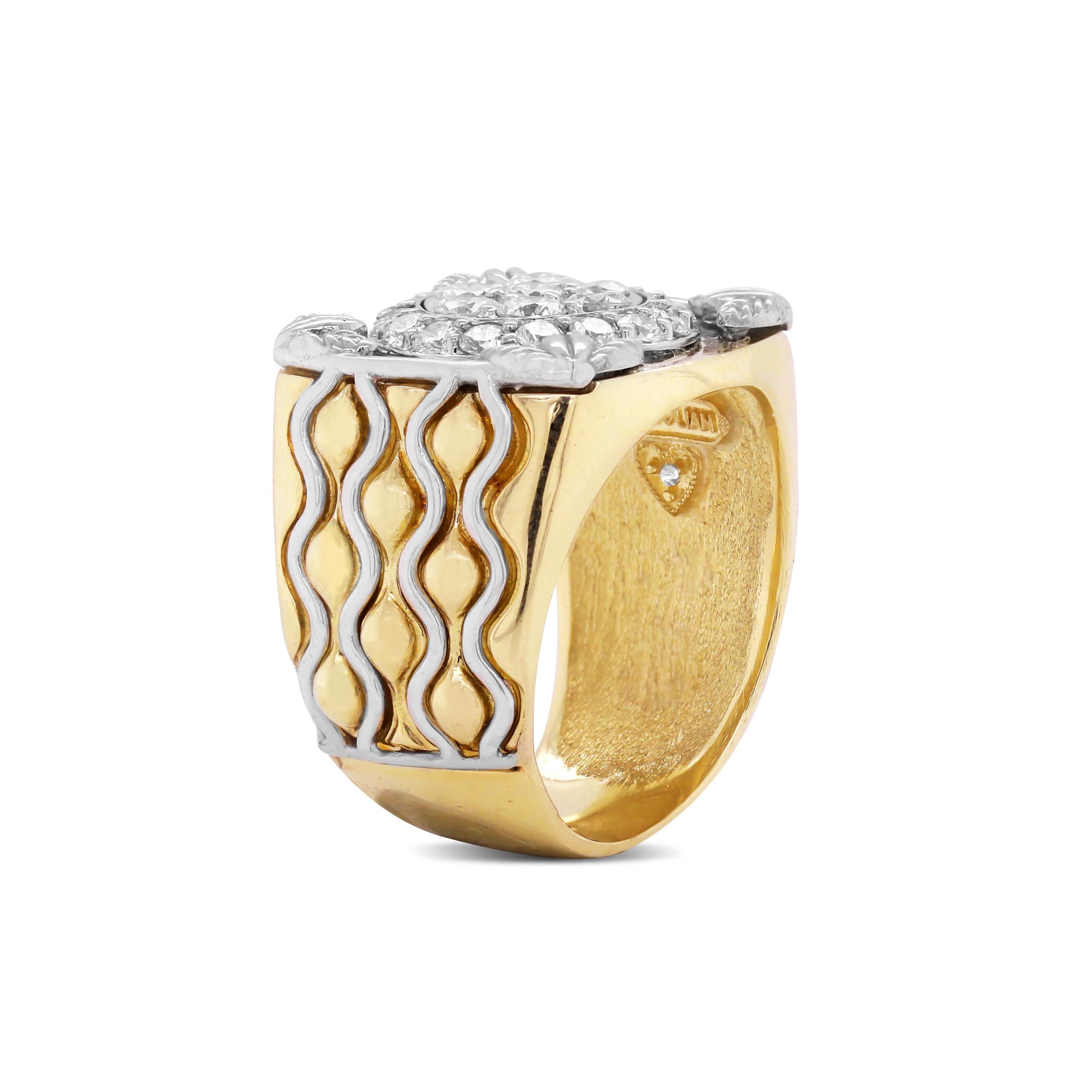 18K Yellow and White Two-Tone Gold and Diamond Mens Ring by Stambolian

This one-of-a-kind ring features a high polished finished, mirror finish on the face of the ring. Both sides of the band are done in a very unique, textured like finish leading