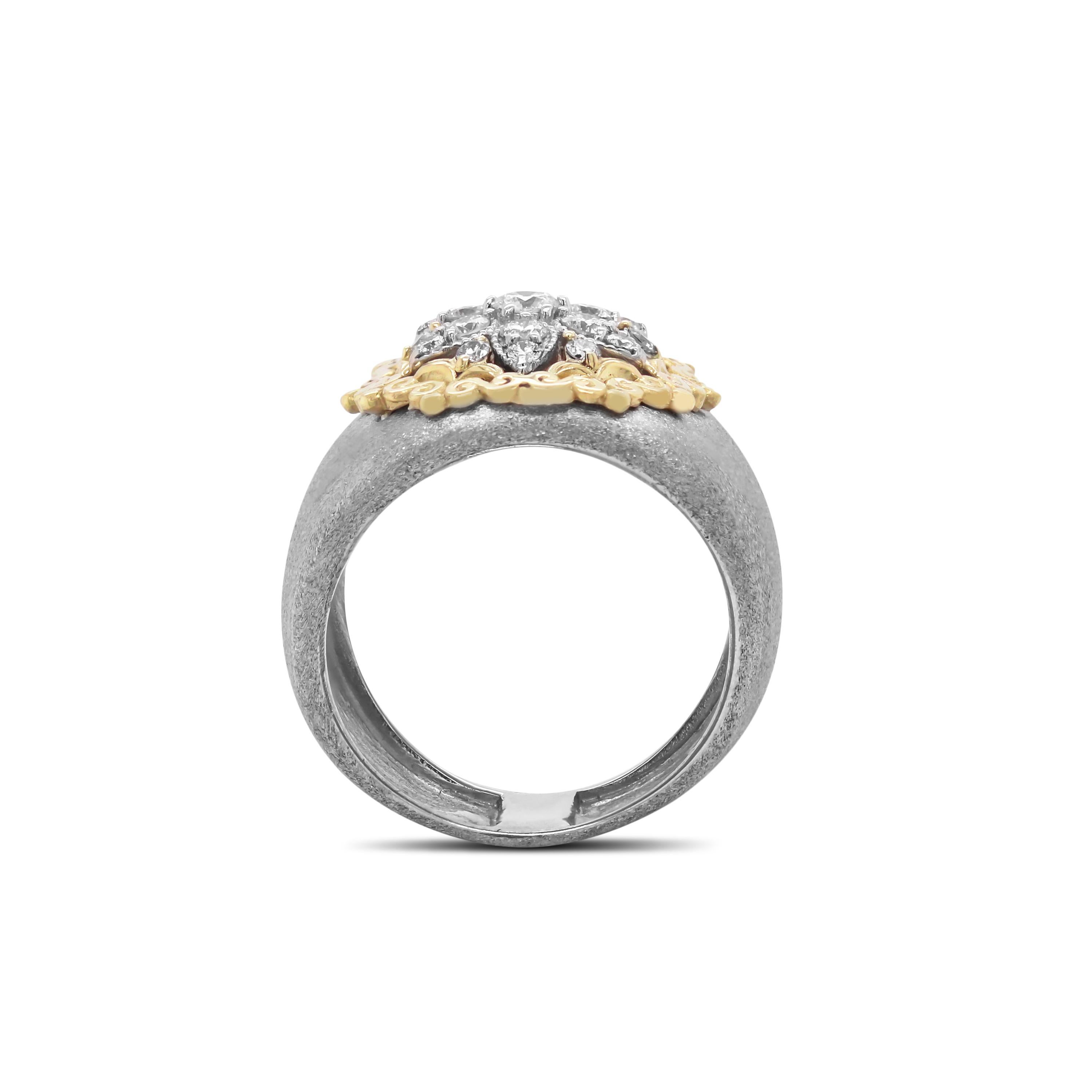 zigarrenring aus 18 K gebürstetem Weißgold und Diamanten mit Gelbgold von Stambolian

Dieser Starburst-Zigarrenring ist eine Neuheit für 2020 und hat ein gebürstetes, seidenartiges Finish auf dem Band.

0.48 Karat, Farbe G, Reinheit VS,