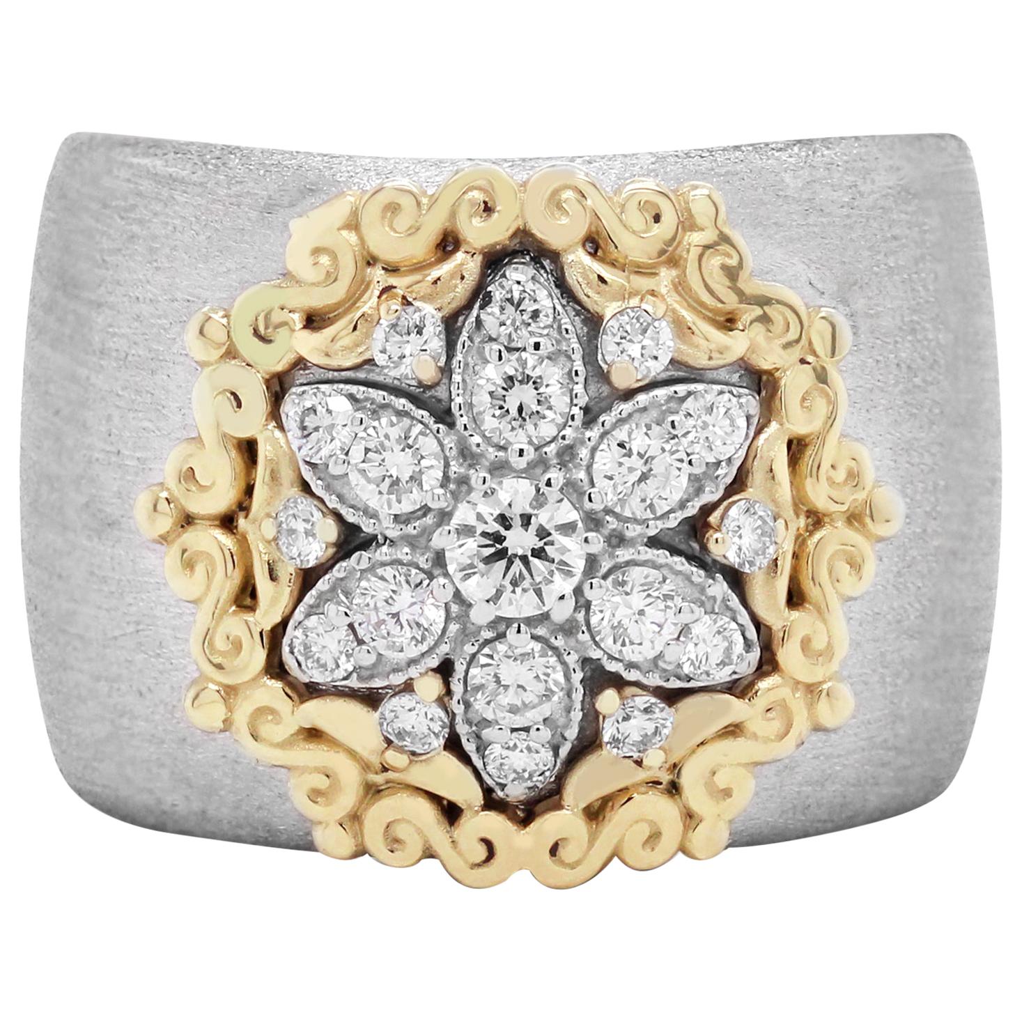 Yellow White Two-Tone Gold and Diamond Starburst Cigar Band Ring Stambolian For Sale