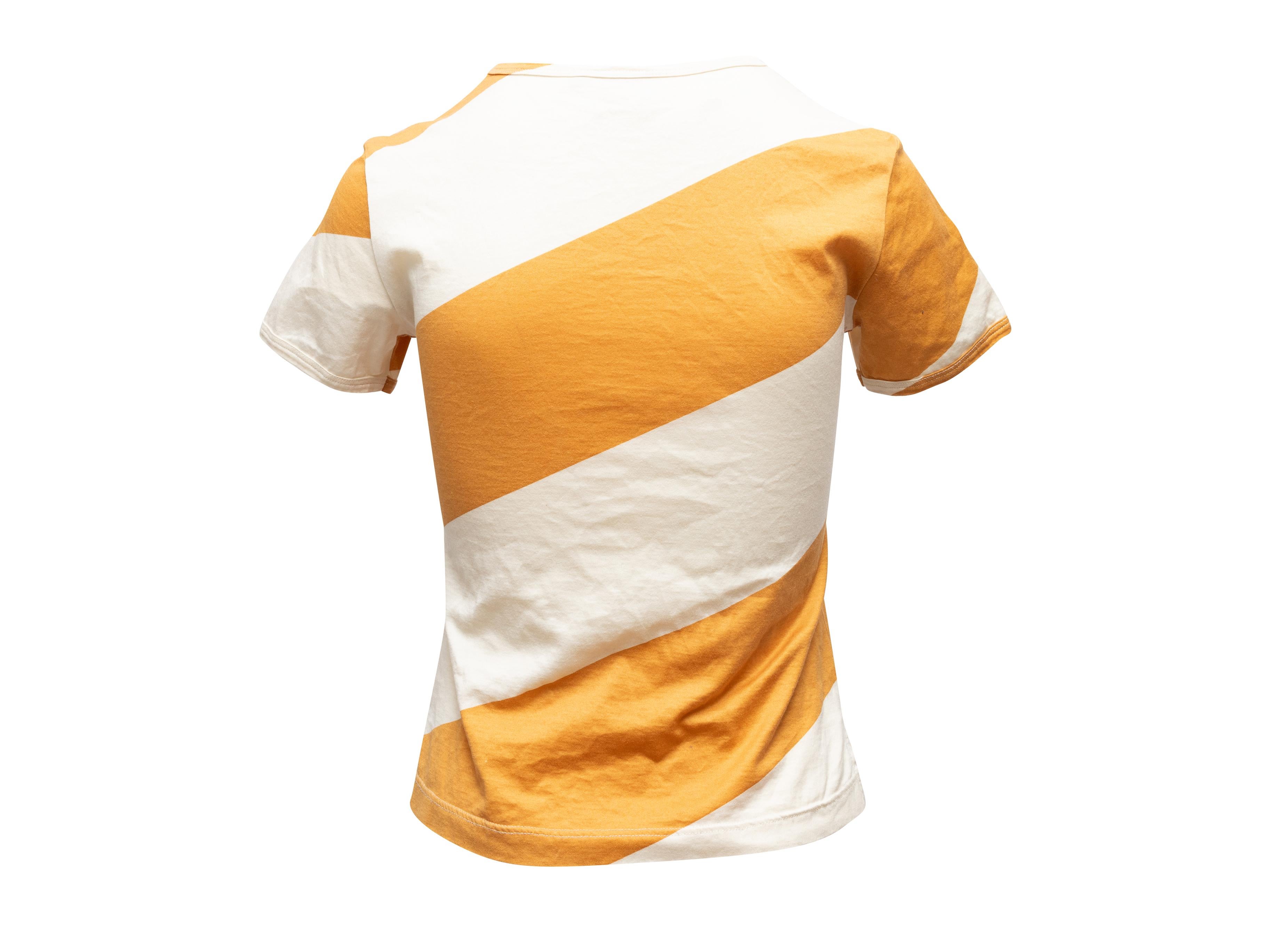 Yellow and white striped short sleeved T-shirt by Vivienne Westwood. Crew neck. Logo orb embroidery at front. 32