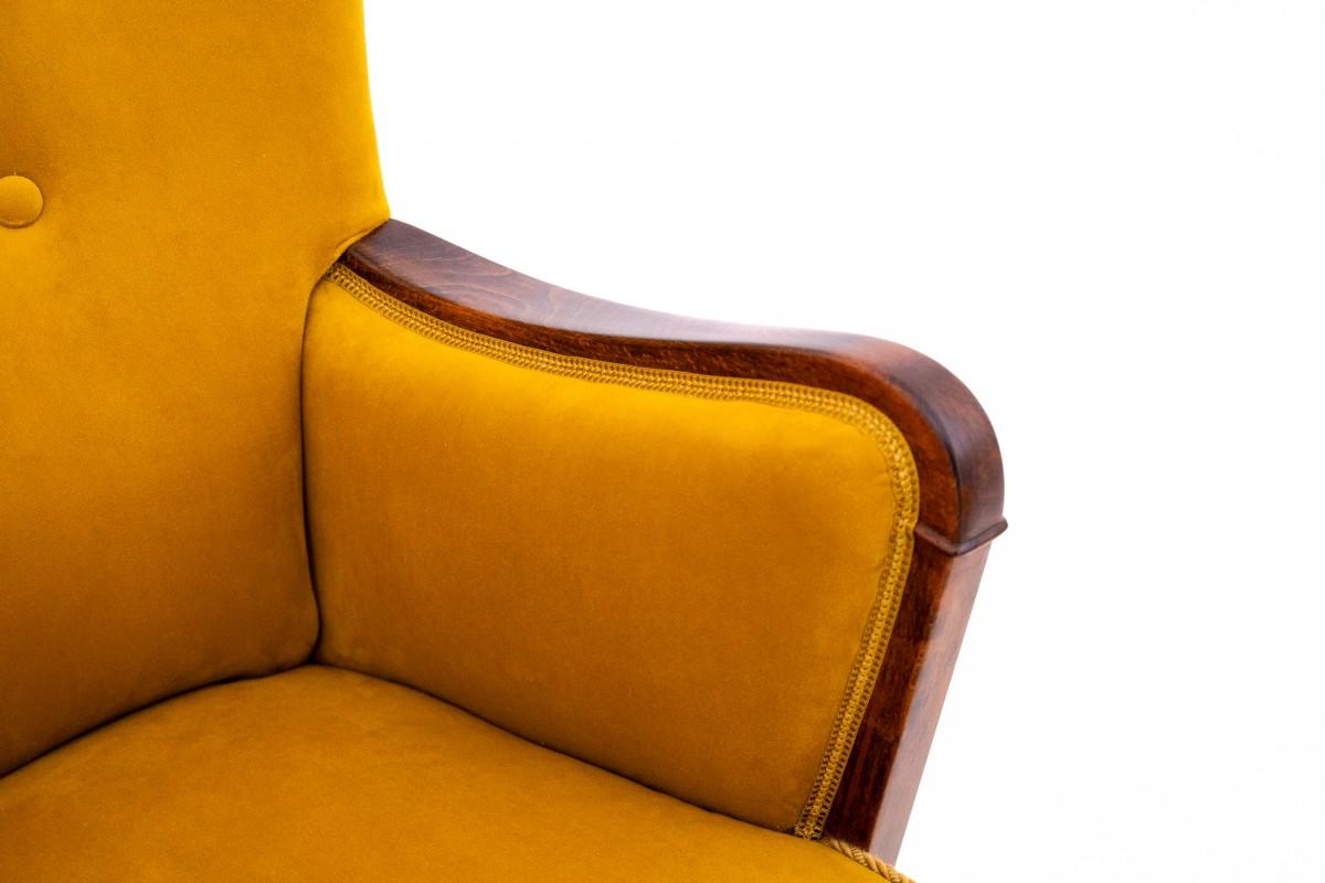 Walnut Yellow Wingback Armchair, Northern Europe, around 1920. After renovation. For Sale