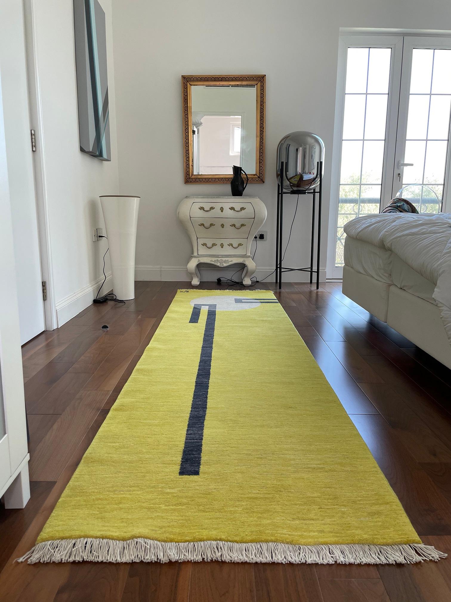 Wool Rug Light hole - Geometric Carpet Yellow  White Black Runner Hand knotted Afghan For Sale