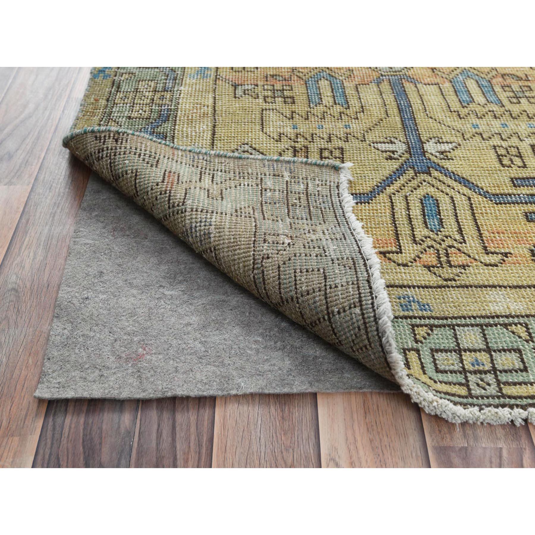 Medieval Yellow, Worn Wool Hand Knotted, Vintage Persian Karajeh Distressed Look Rug For Sale